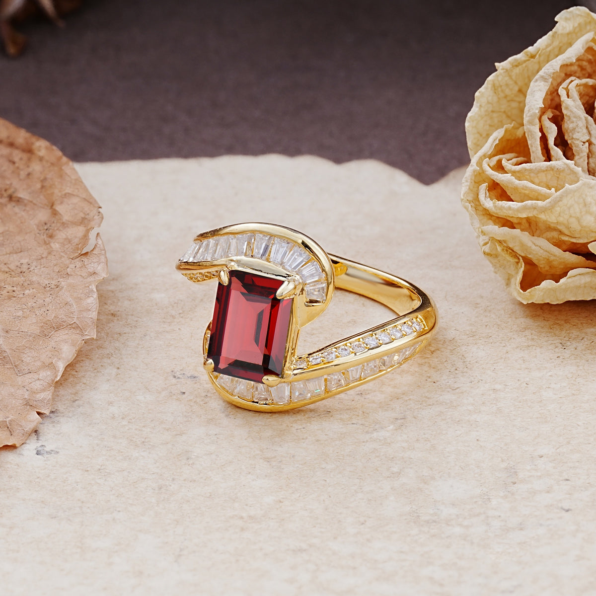 Unique Luxurious Twisted 4-Prong Emerald Cut Garnet Engagement Ring - Additional view