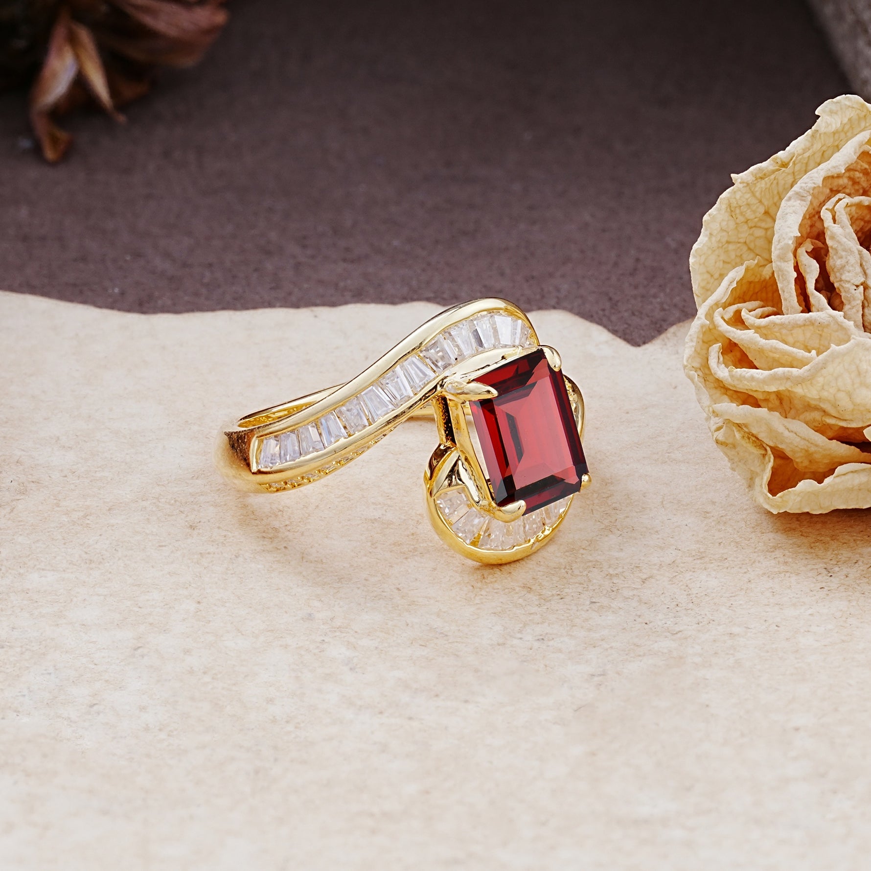 Unique Luxurious Twisted 4-Prong Emerald Cut Garnet Engagement Ring - Additional view