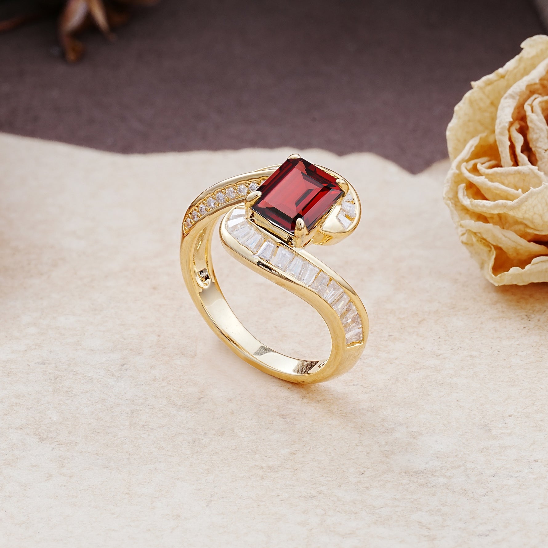 Unique Luxurious Twisted 4-Prong Emerald Cut Garnet Engagement Ring - Additional view