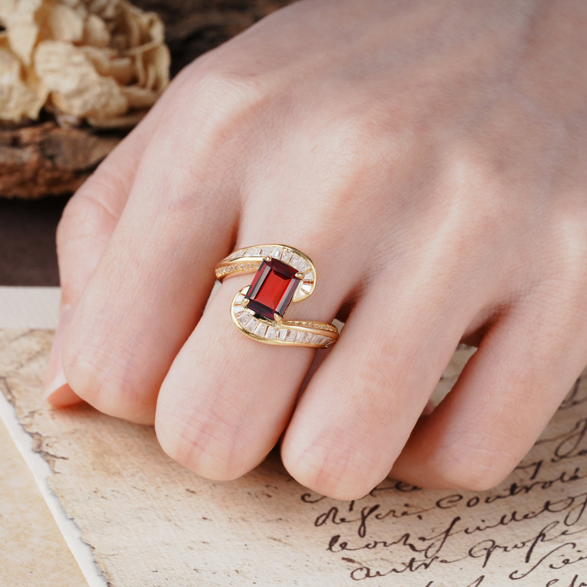 Unique Luxurious Twisted 4-Prong Emerald Cut Garnet Engagement Ring - Additional view