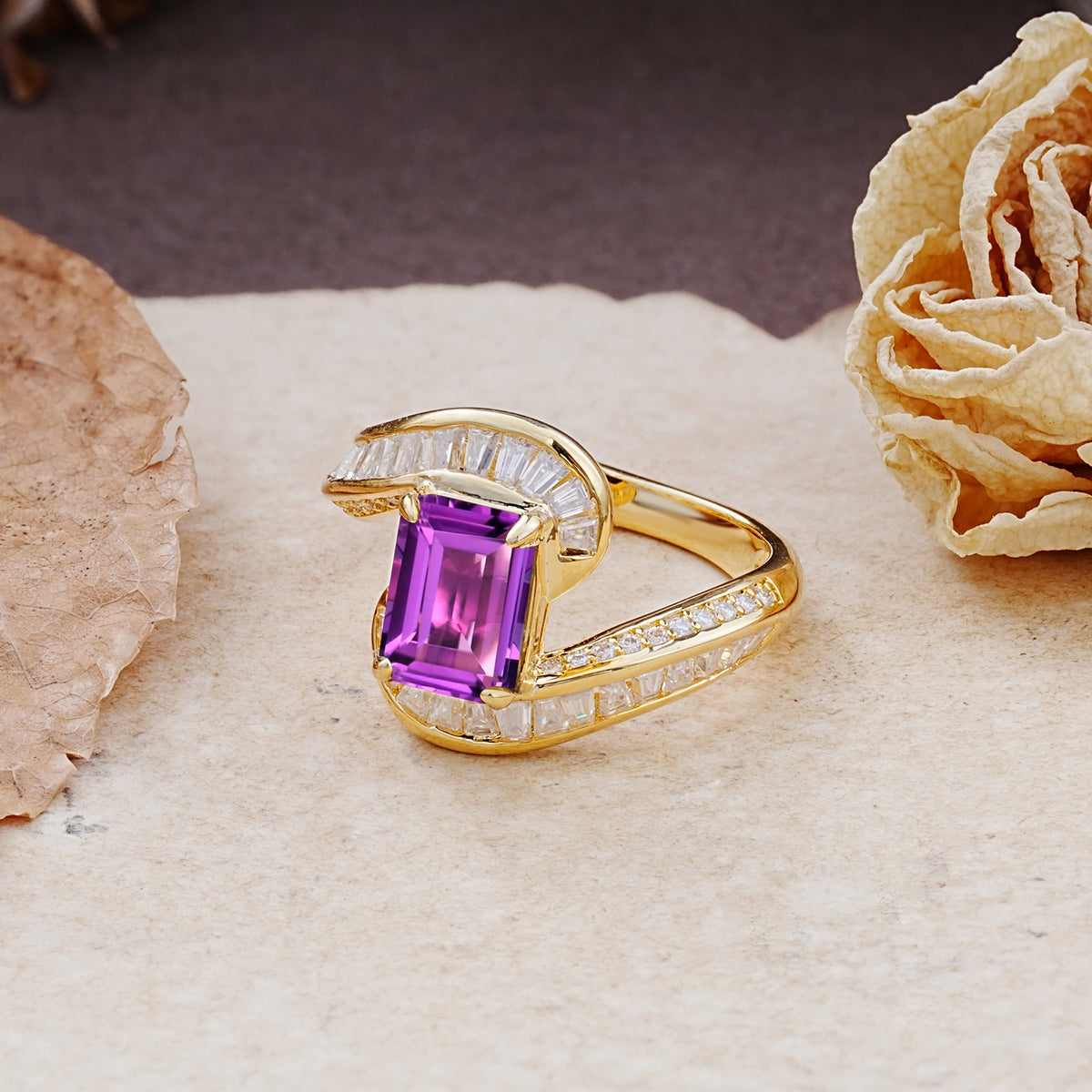 Unique Luxurious Twisted 4-Prong Emerald Cut Amethyst Engagement Ring - Additional view