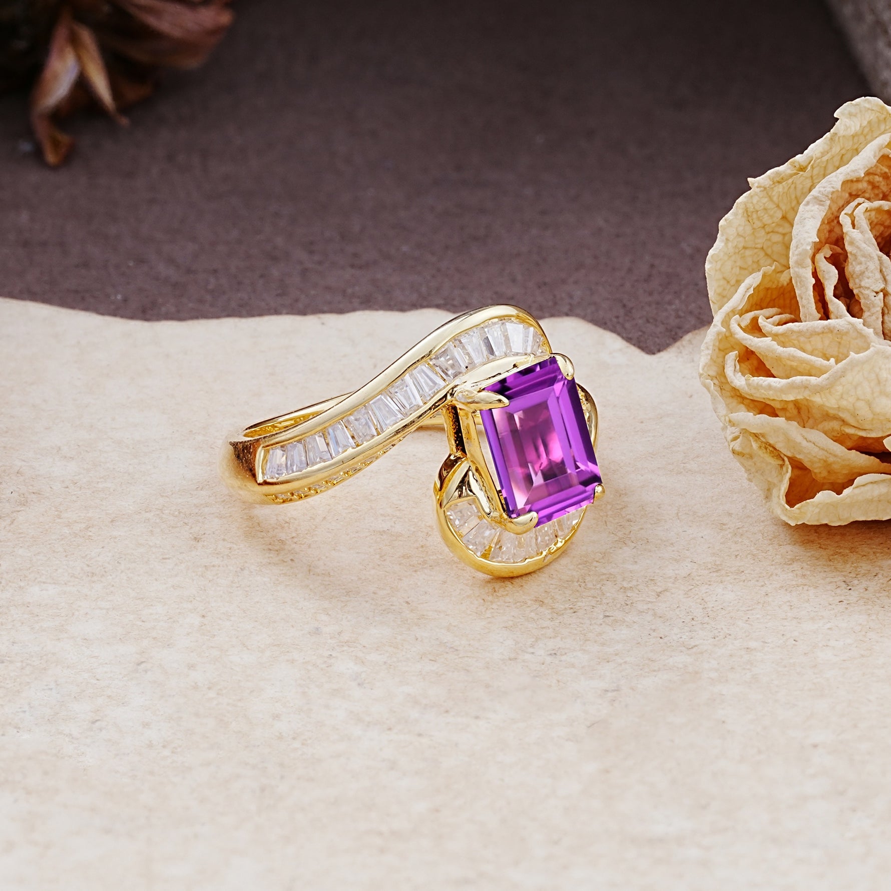 Unique Luxurious Twisted 4-Prong Emerald Cut Amethyst Engagement Ring - Additional view
