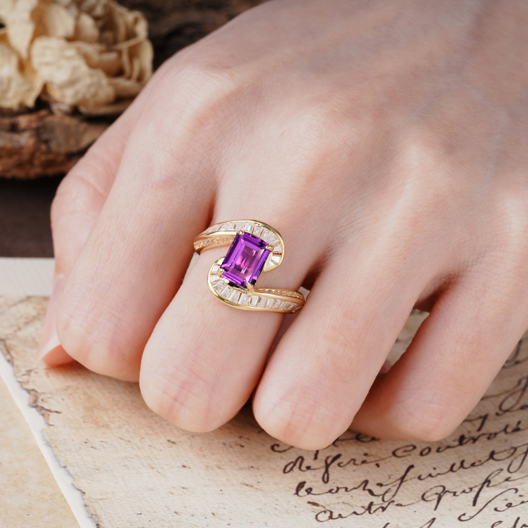Unique Luxurious Twisted 4-Prong Emerald Cut Amethyst Engagement Ring - Additional view