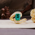 Unique Luxurious Twisted 4-Prong Emerald Cut Emerald Engagement Ring - Additional view