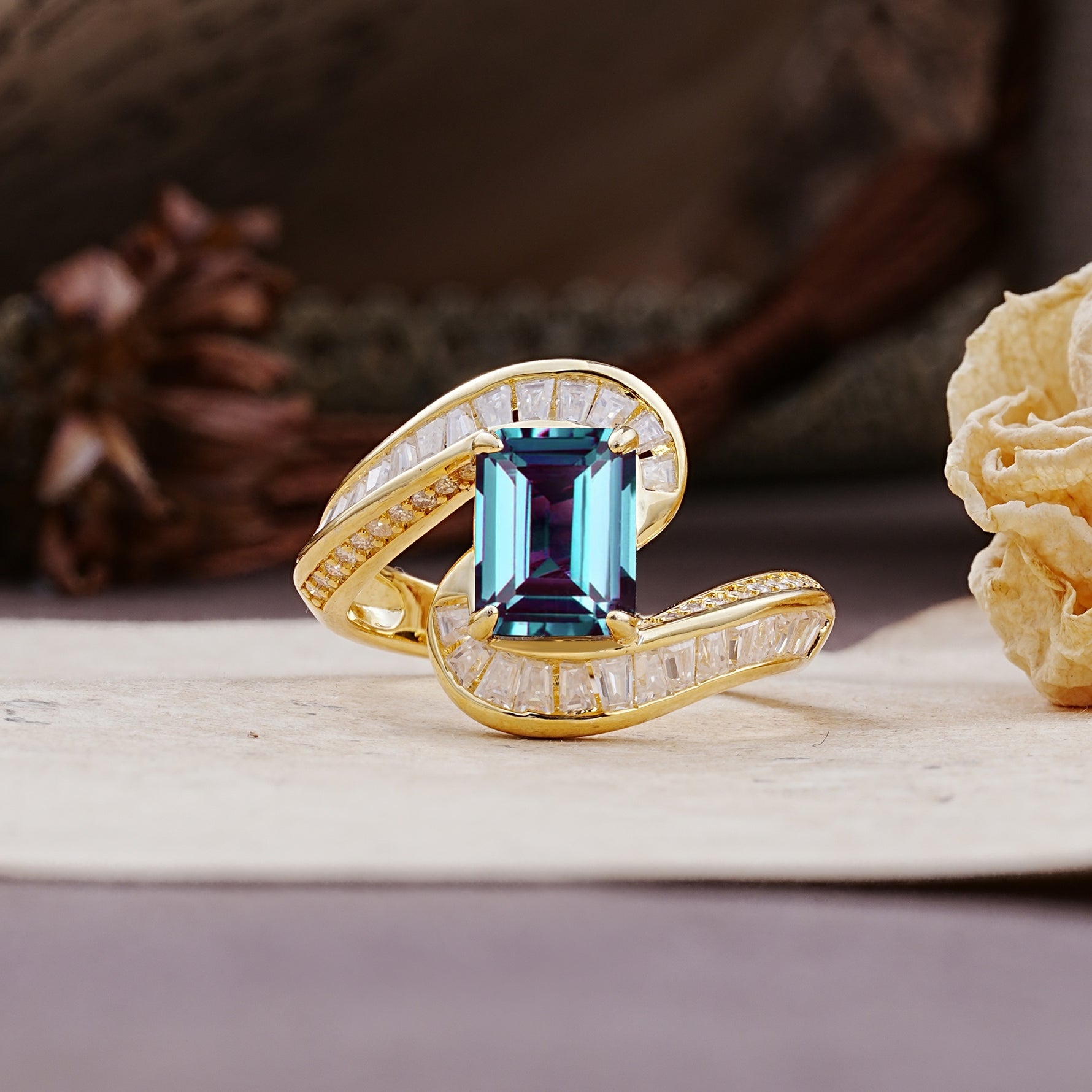 Unique Luxurious Twisted 4-Prong Emerald Cut Alexandrite Engagement Ring - Additional view