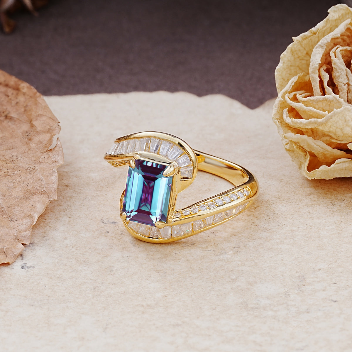 Unique Luxurious Twisted 4-Prong Emerald Cut Alexandrite Engagement Ring - Additional view