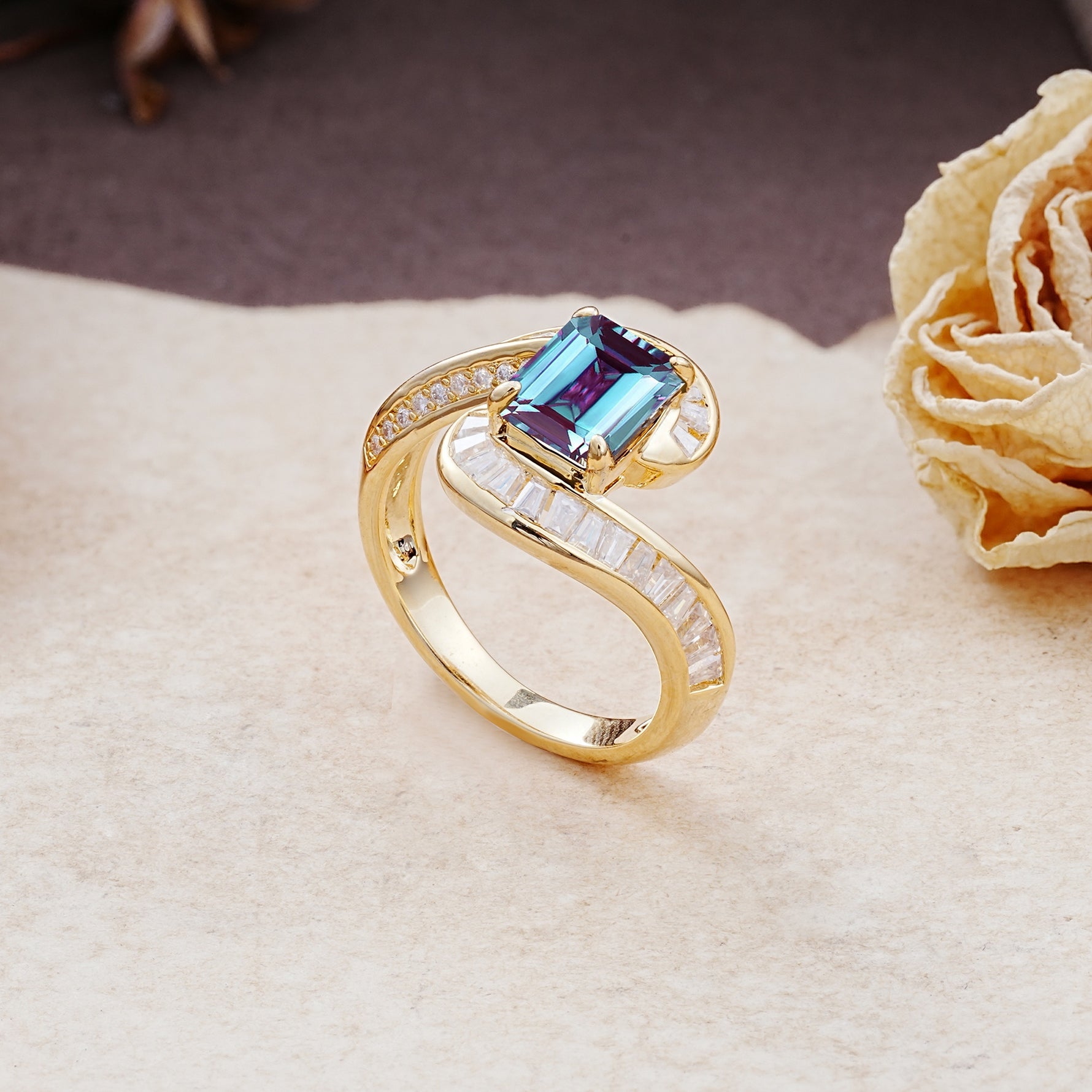 Unique Luxurious Twisted 4-Prong Emerald Cut Alexandrite Engagement Ring - Additional view