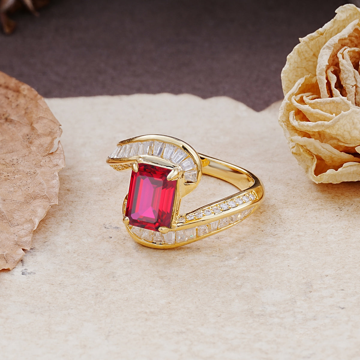 Unique Luxurious Twisted 4-Prong Emerald Cut Ruby Engagement Ring - Additional view