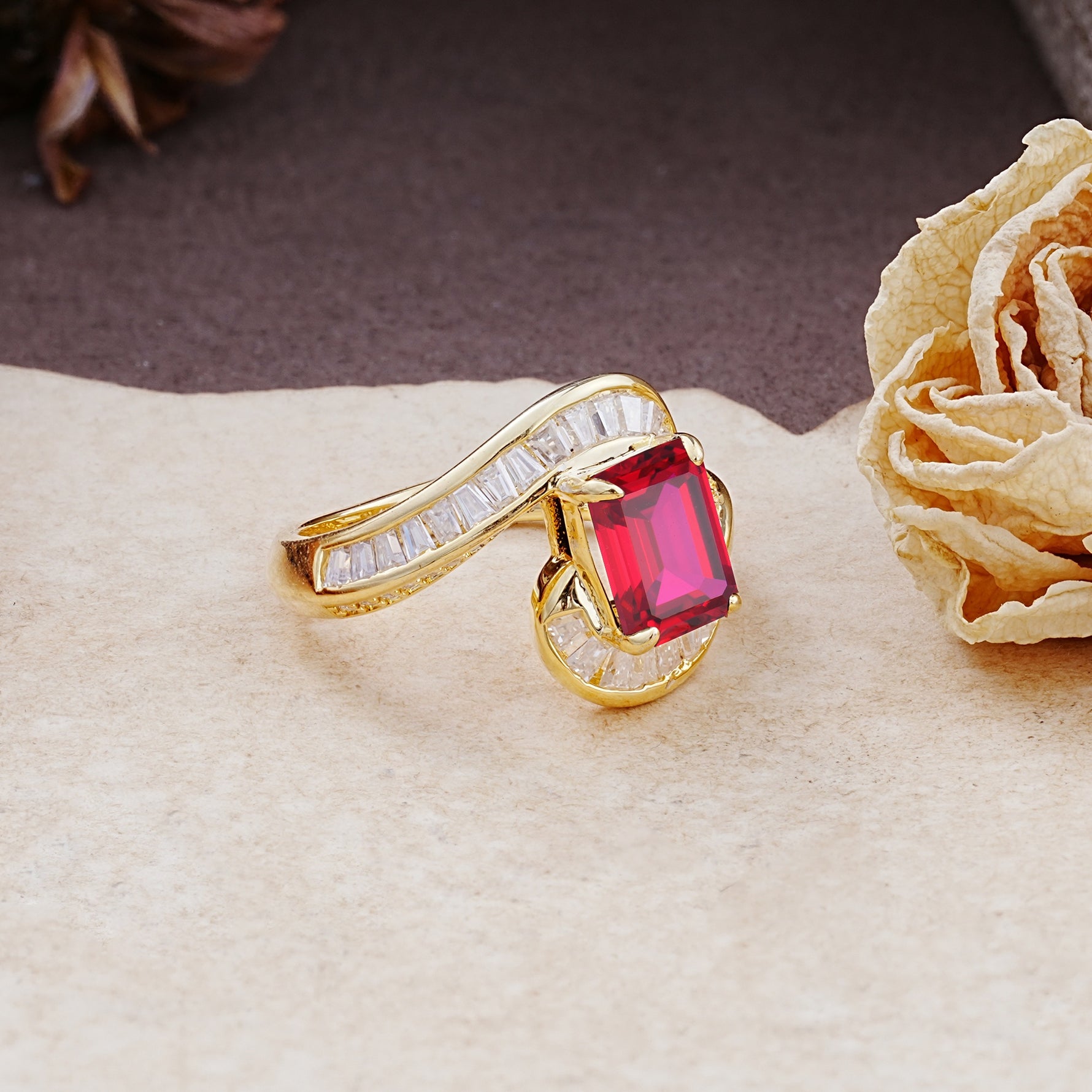 Unique Luxurious Twisted 4-Prong Emerald Cut Ruby Engagement Ring - Additional view