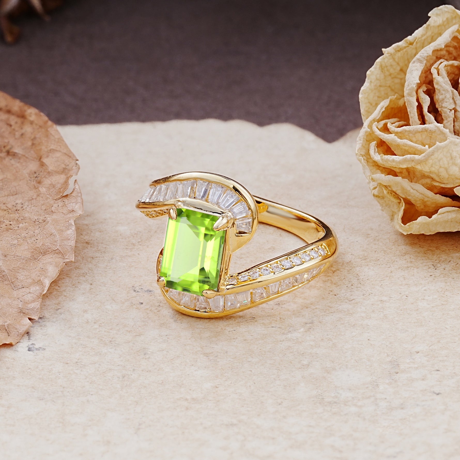 Unique Luxurious Twisted 4-Prong Emerald Cut Peridot Engagement Ring - Additional view