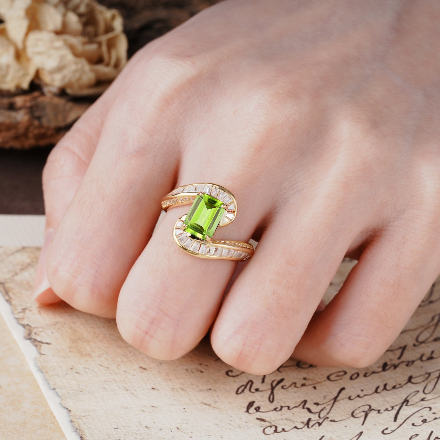Unique Luxurious Twisted 4-Prong Emerald Cut Peridot Engagement Ring - Additional view