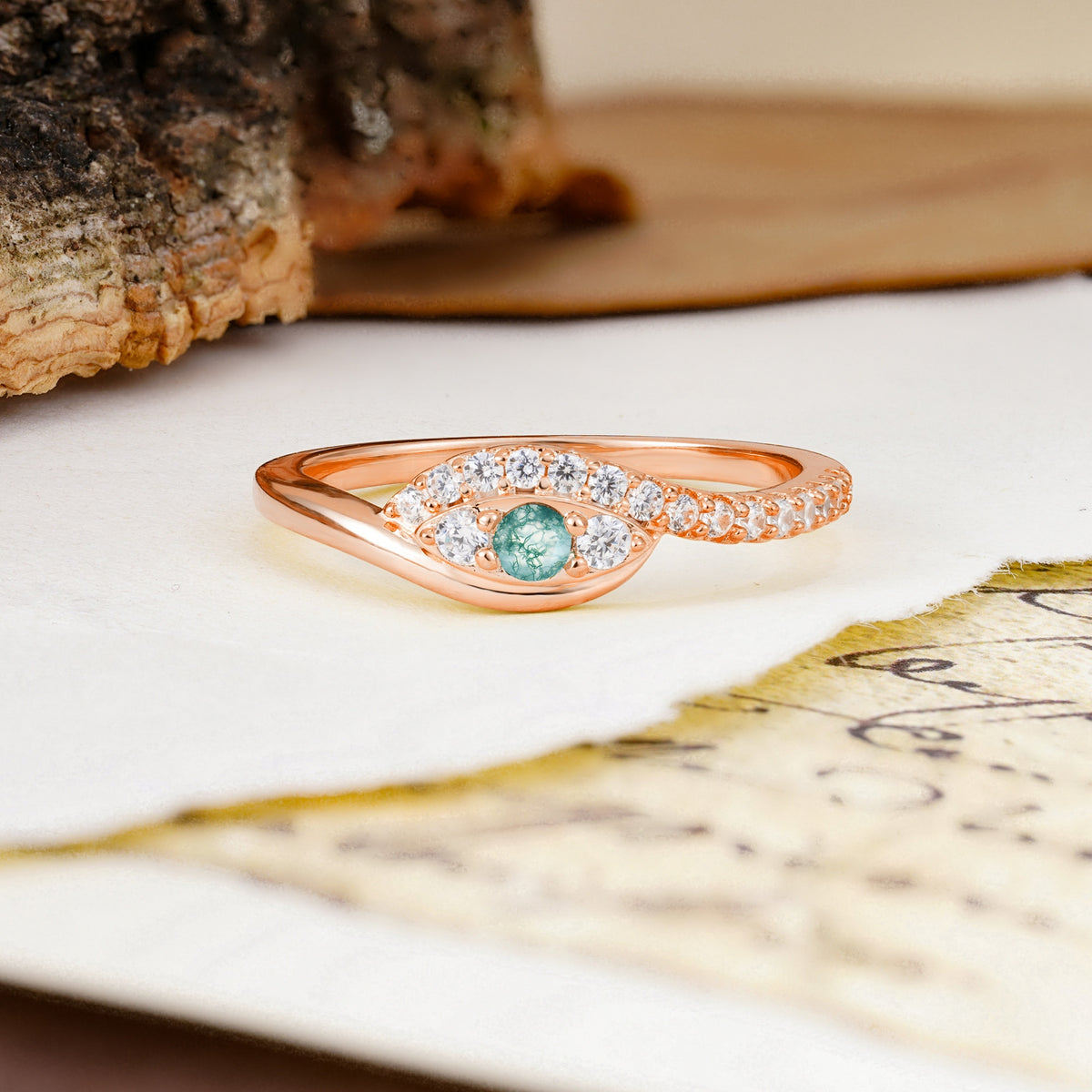 Classic Luxurious Vintage Devil's Eye 4-Prong Round Cut Moss Agate Engagement Ring - Additional view