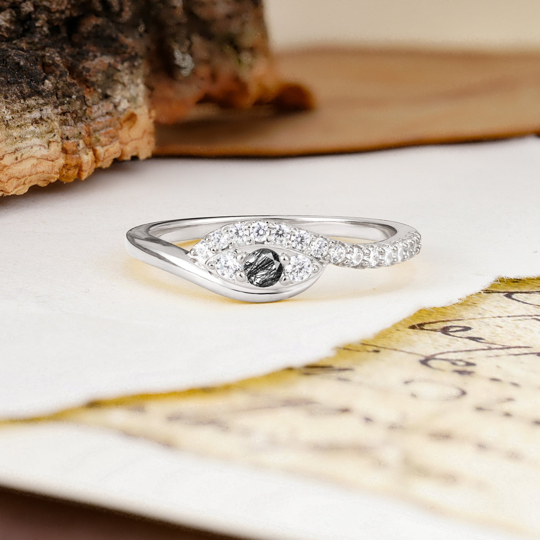 Classic Luxurious Vintage Devil's Eye 4-Prong Round Cut Black Rutilated Quartz Engagement Ring - Additional view