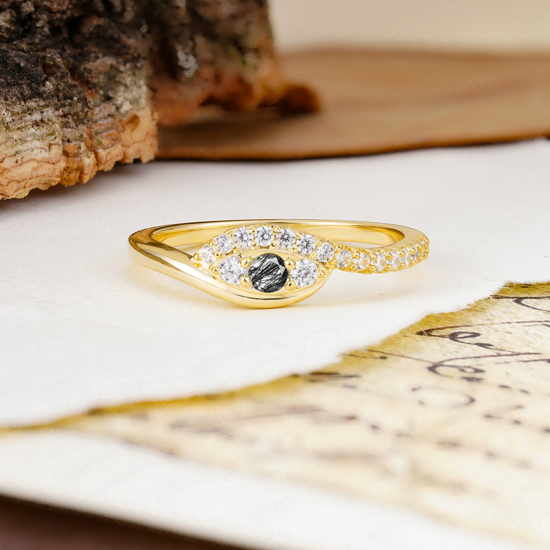 Classic Luxurious Vintage Devil's Eye 4-Prong Round Cut Black Rutilated Quartz Engagement Ring - Additional view
