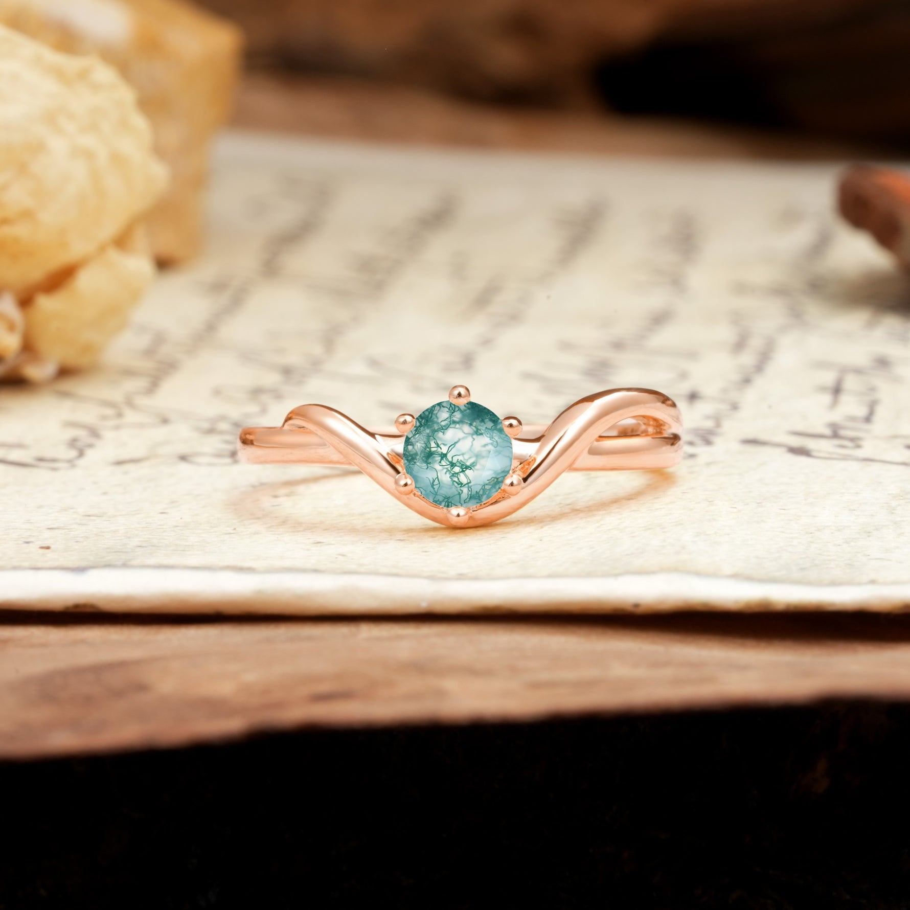 Minimalist Twisted Six-Prong Round-Cut Moss Agate Engagement Ring - Additional view