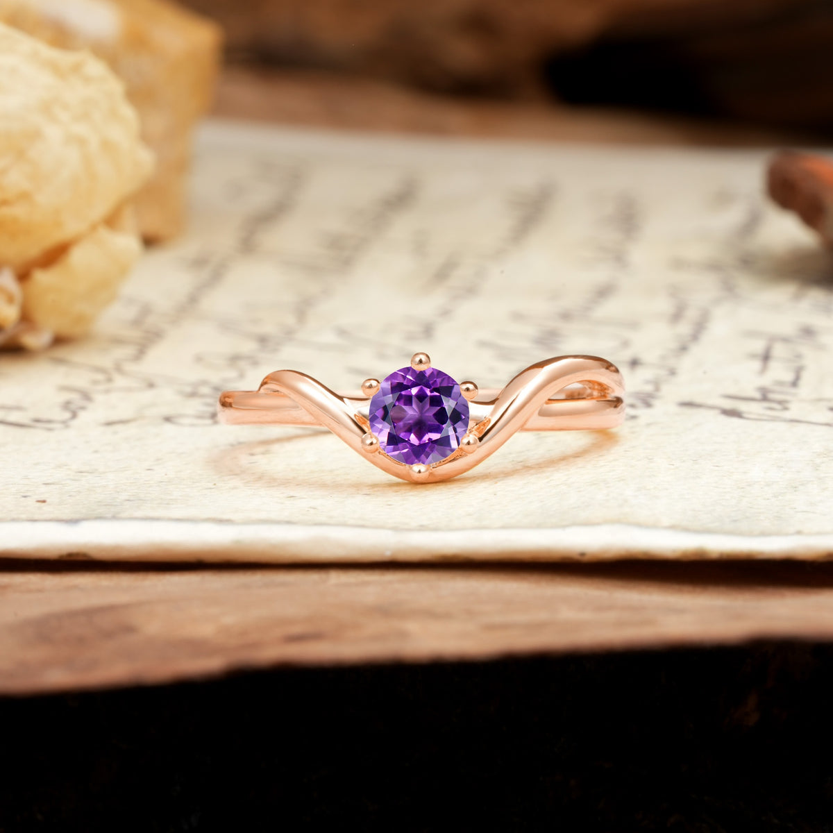 Minimalist Twisted Six-Prong Round-Cut Amethyst Engagement Ring - Additional view