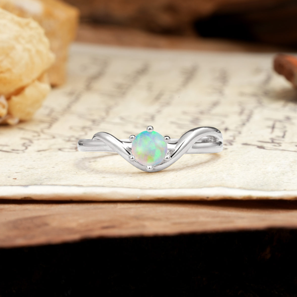 Minimalist Twisted Six-Prong Round-Cut Fire Opal Engagement Ring - Additional view