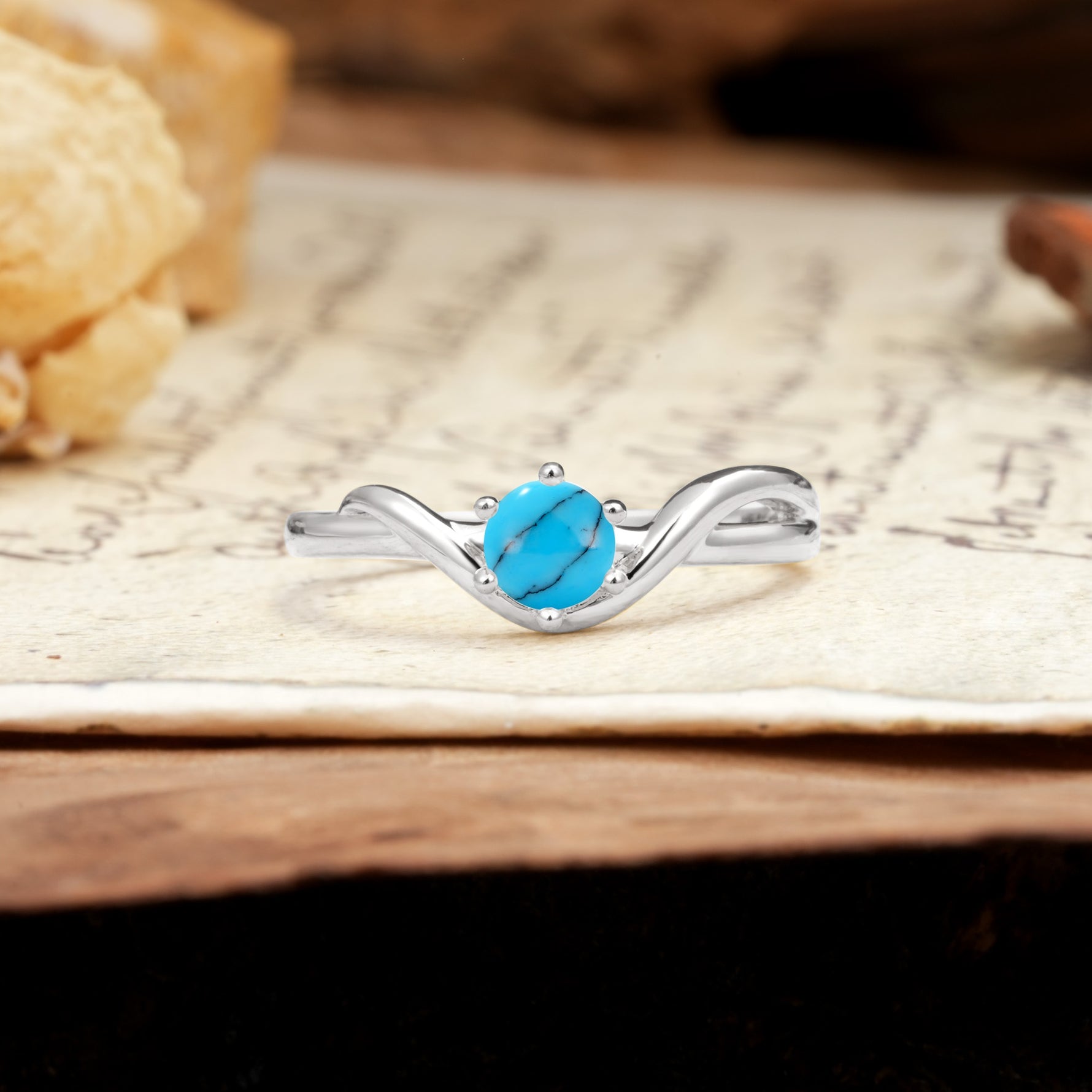 Minimalist Twisted Six-Prong Round-Cut Turquoise Engagement Ring - Additional view
