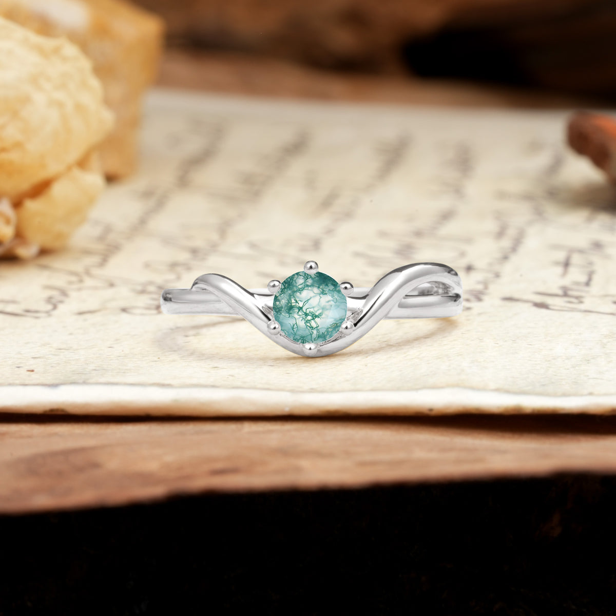 Minimalist Twisted Six-Prong Round-Cut Moss Agate Engagement Ring - Additional view