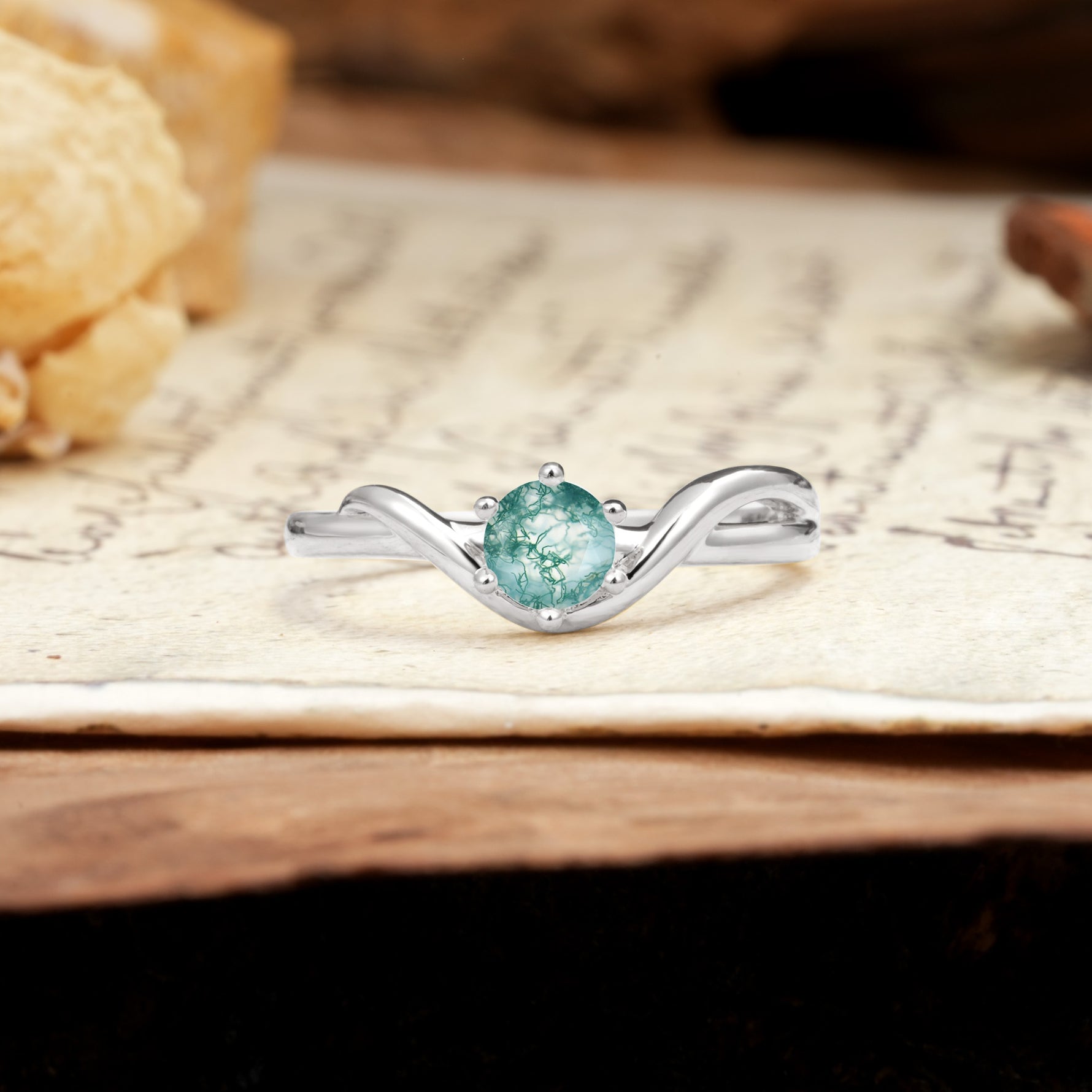 Minimalist Twisted Six-Prong Round-Cut Moss Agate Engagement Ring - Additional view