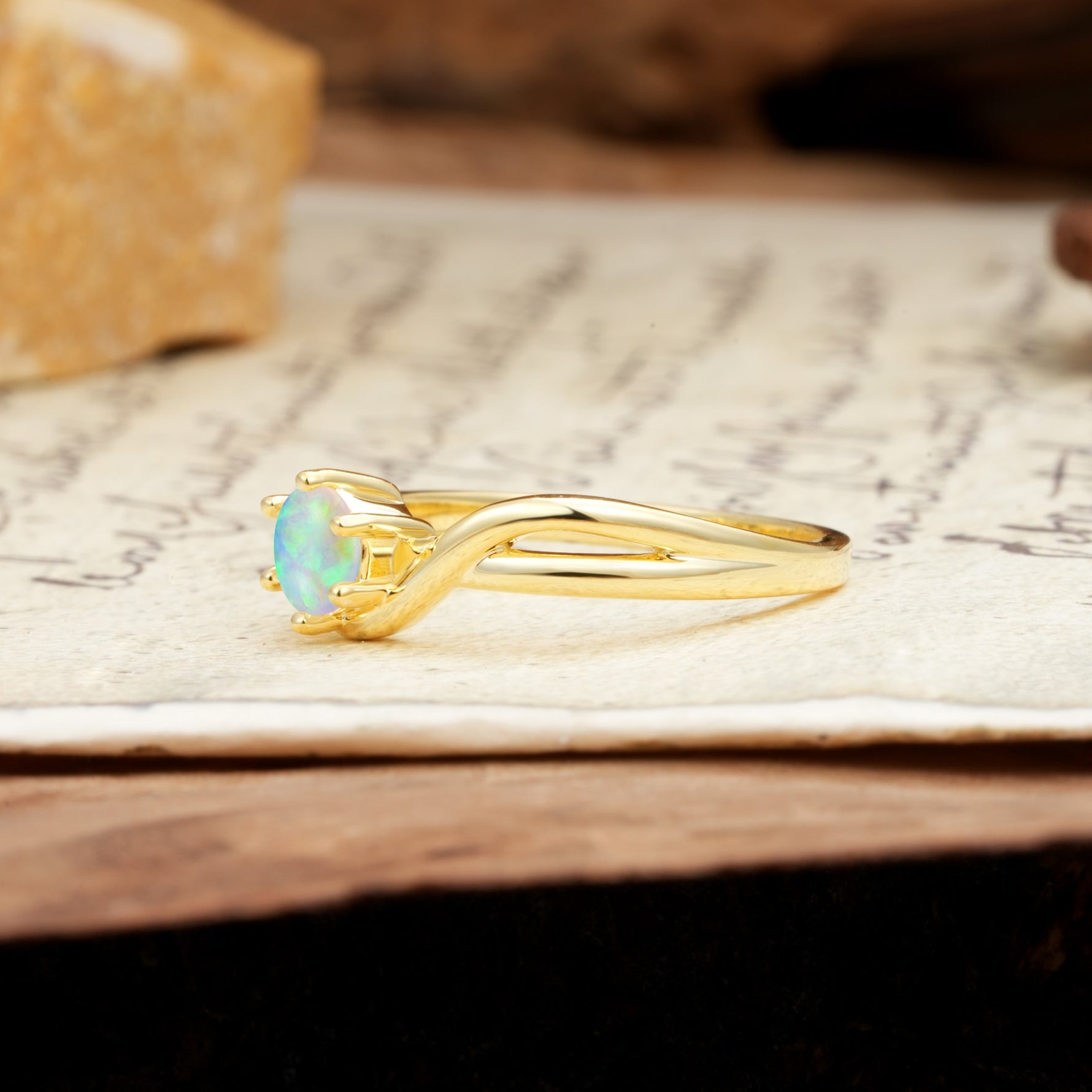 Minimalist Twisted Six-Prong Round-Cut Fire Opal Engagement Ring - Additional view