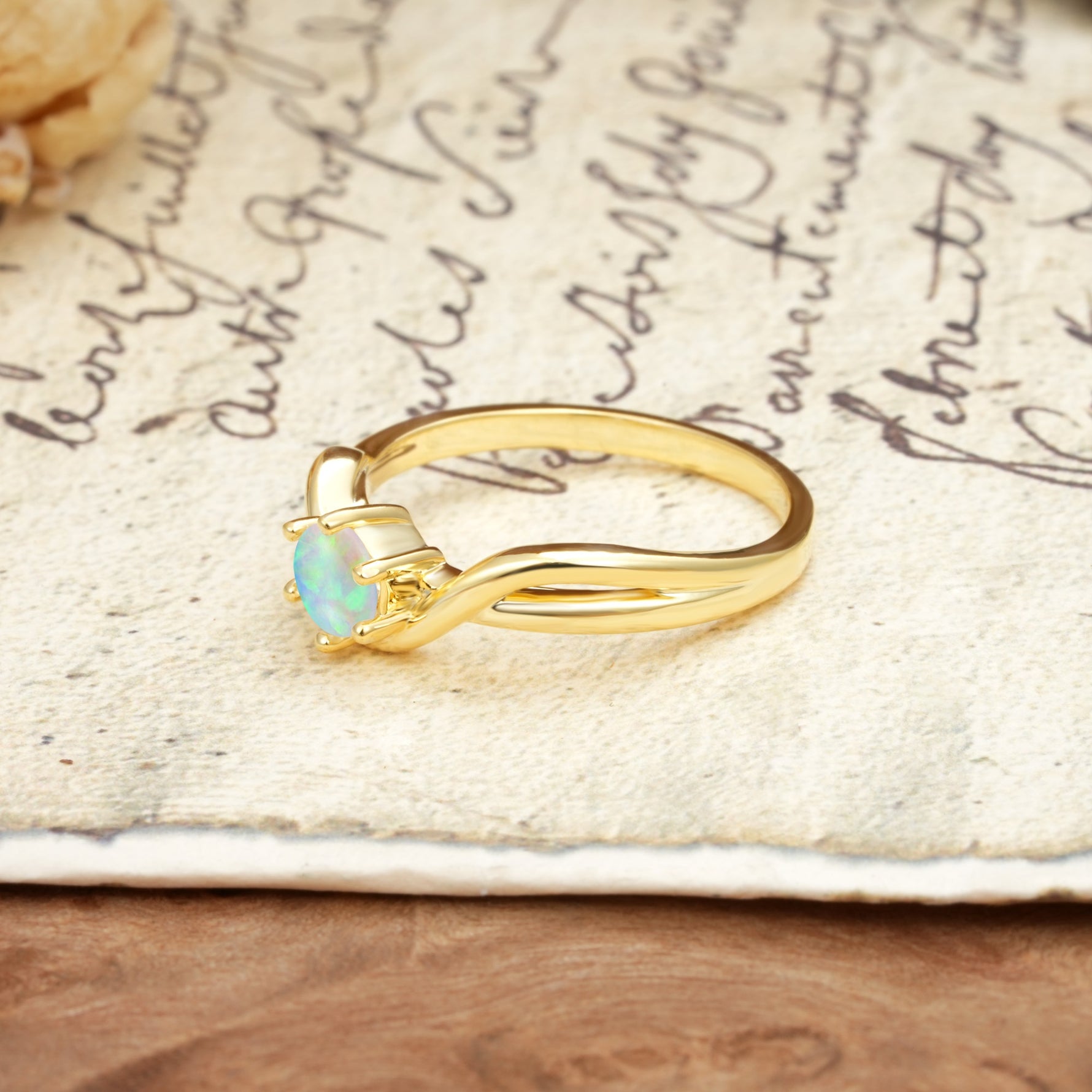 Minimalist Twisted Six-Prong Round-Cut Fire Opal Engagement Ring - Additional view