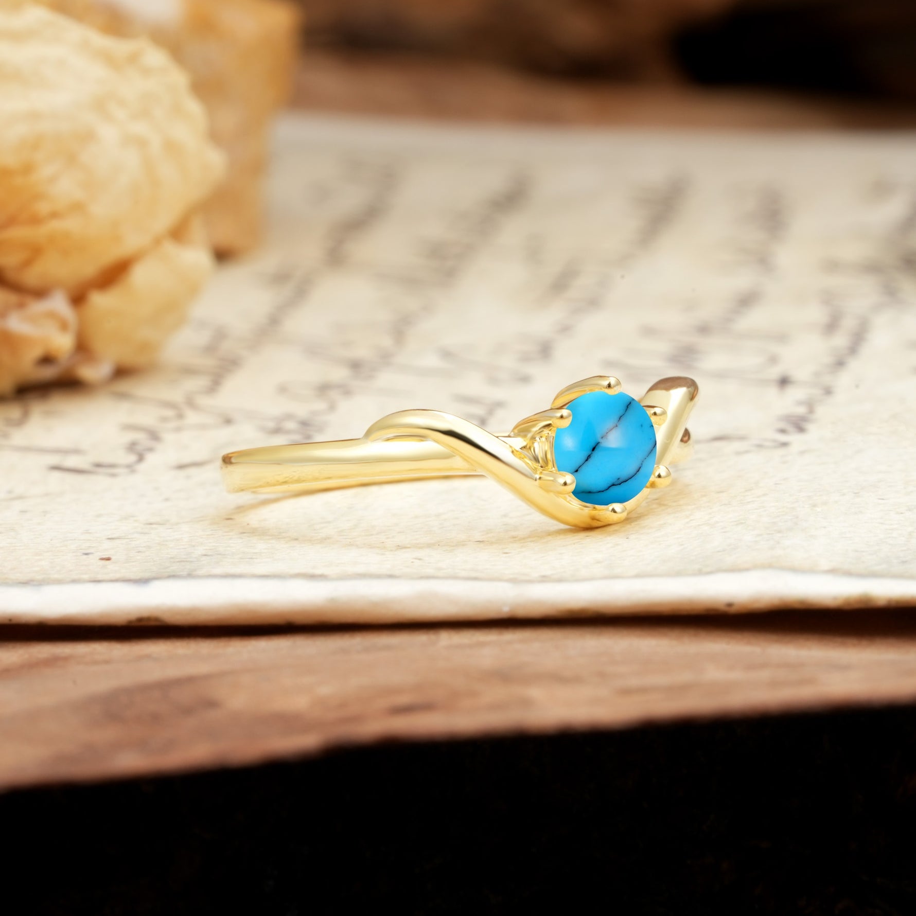 Minimalist Twisted Six-Prong Round-Cut Turquoise Engagement Ring - Additional view