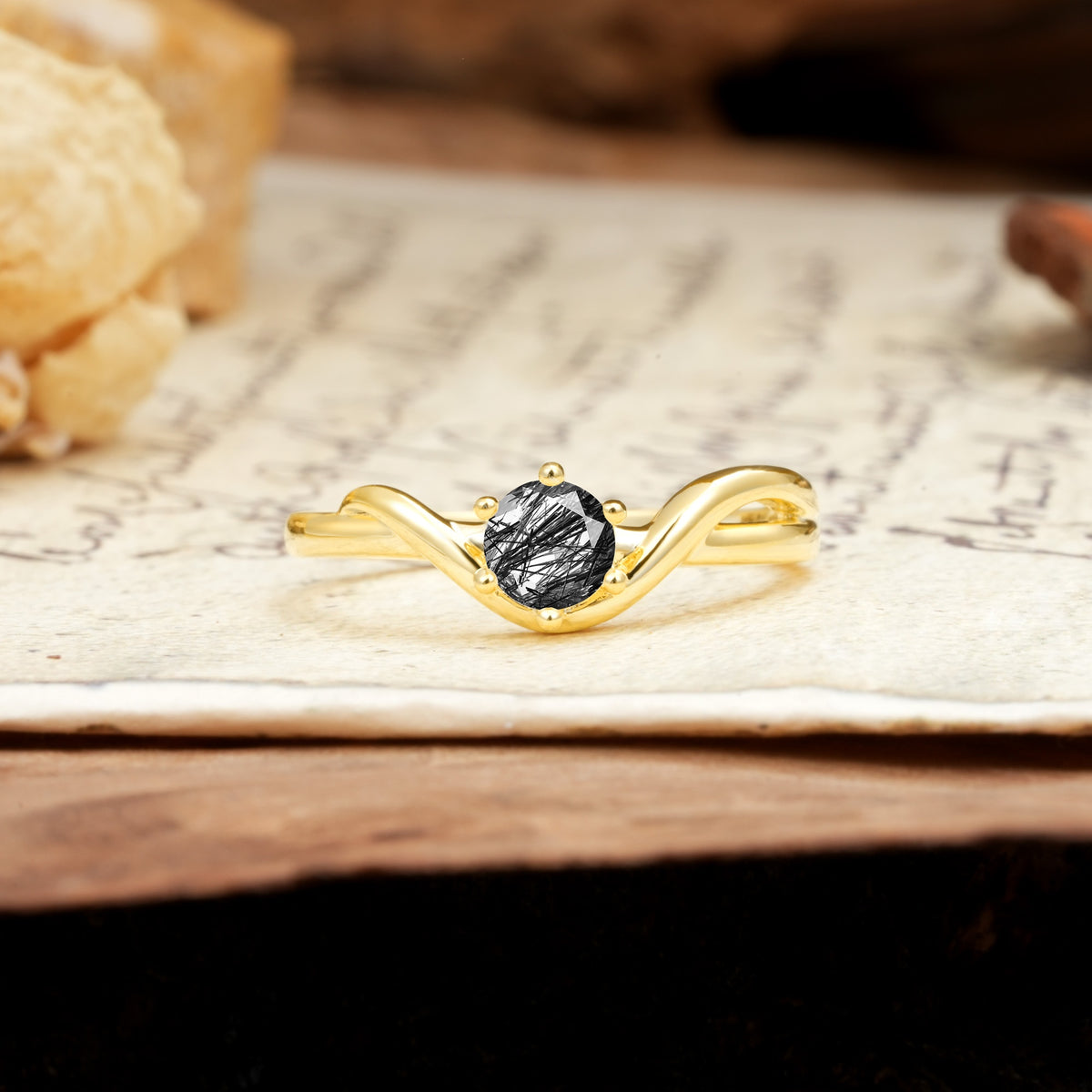 Minimalist Twisted Six-Prong Round-Cut Black Rutilated Quartz Engagement Ring - Additional view