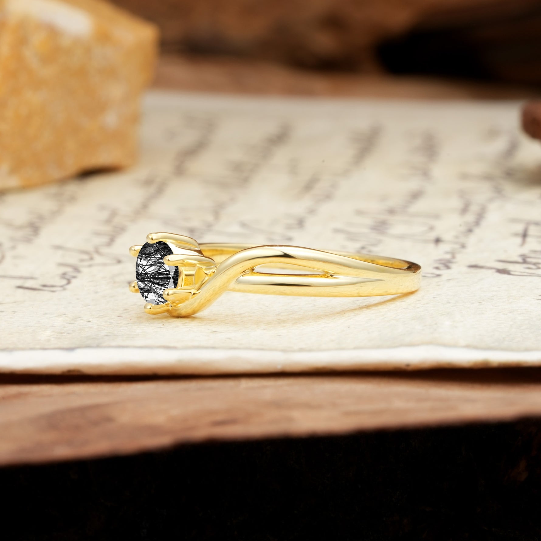 Minimalist Twisted Six-Prong Round-Cut Black Rutilated Quartz Engagement Ring - Additional view