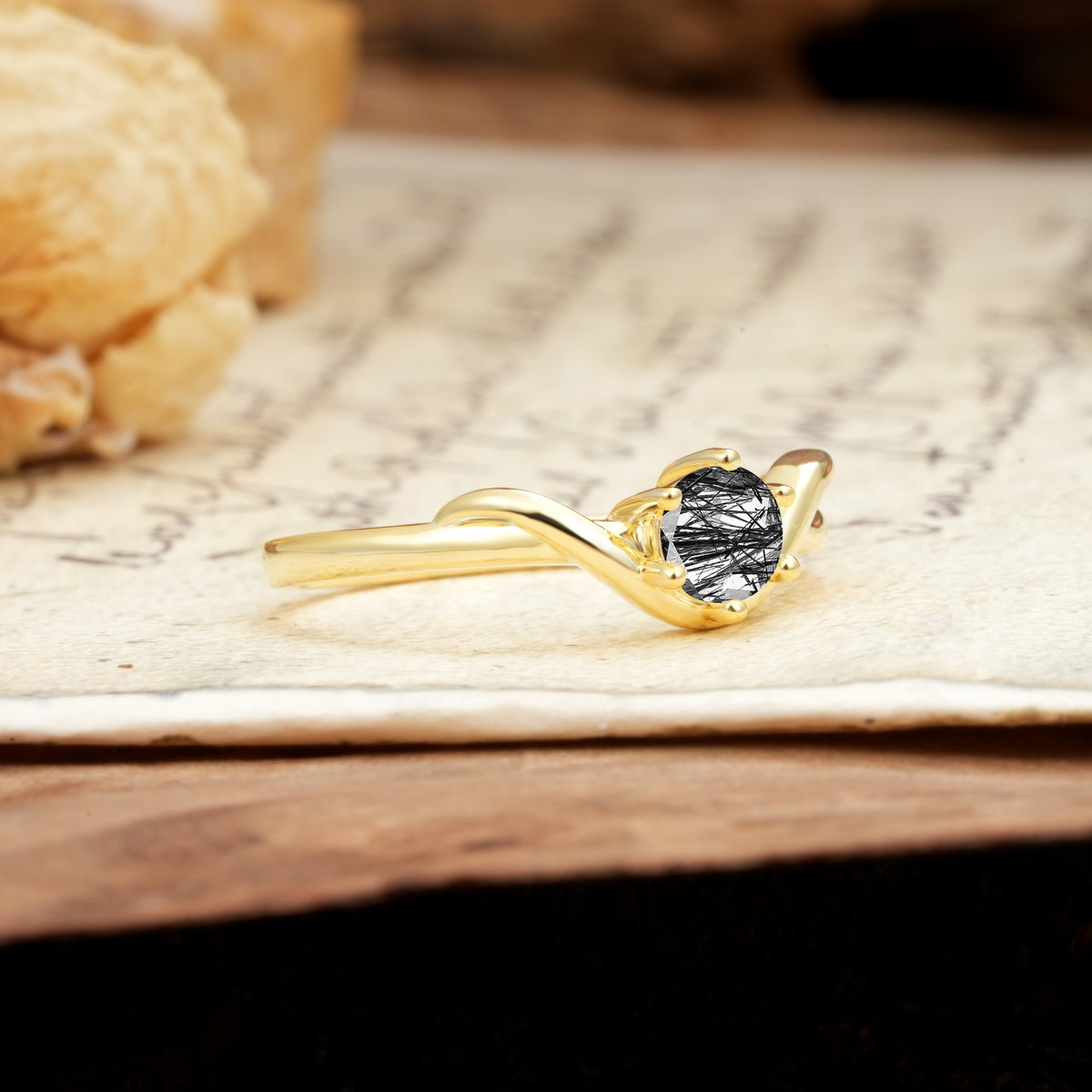 Minimalist Twisted Six-Prong Round-Cut Black Rutilated Quartz Engagement Ring - Additional view