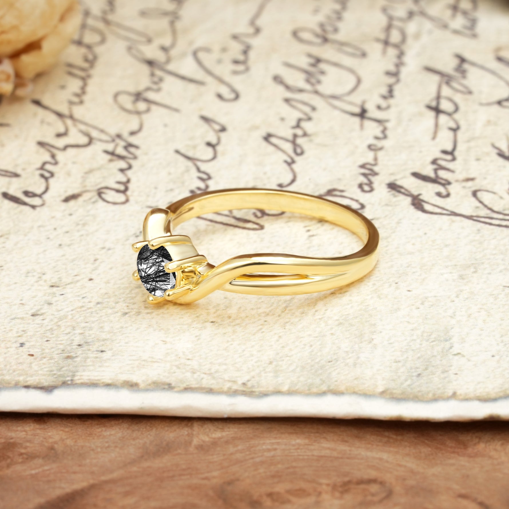 Minimalist Twisted Six-Prong Round-Cut Black Rutilated Quartz Engagement Ring - Additional view