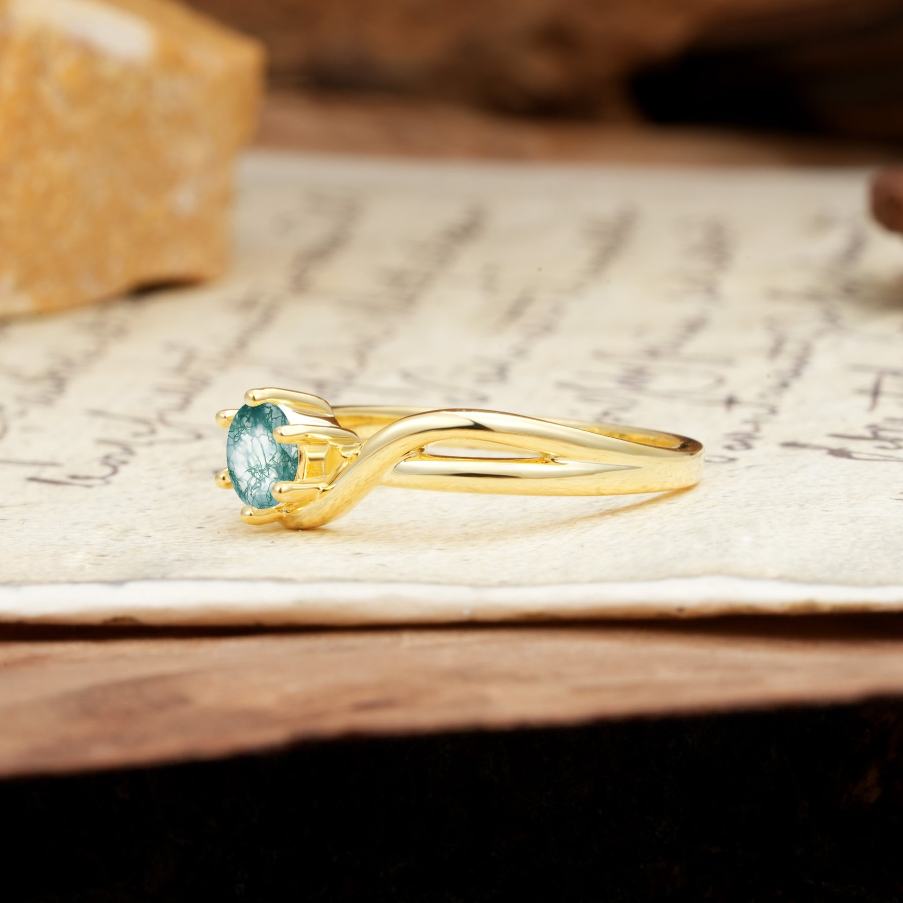 Minimalist Twisted Six-Prong Round-Cut Moss Agate Engagement Ring - Additional view