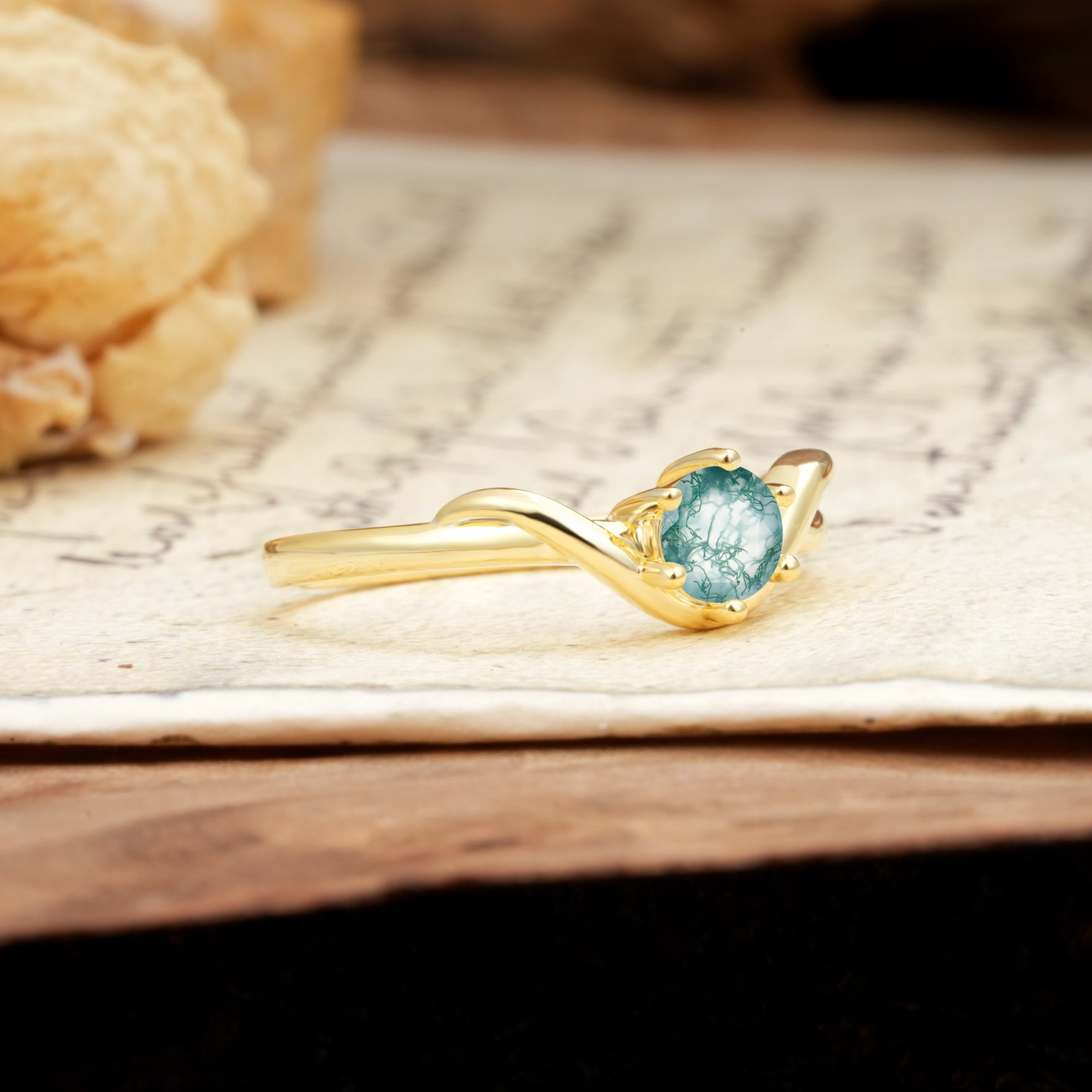 Minimalist Twisted Six-Prong Round-Cut Moss Agate Engagement Ring - Additional view