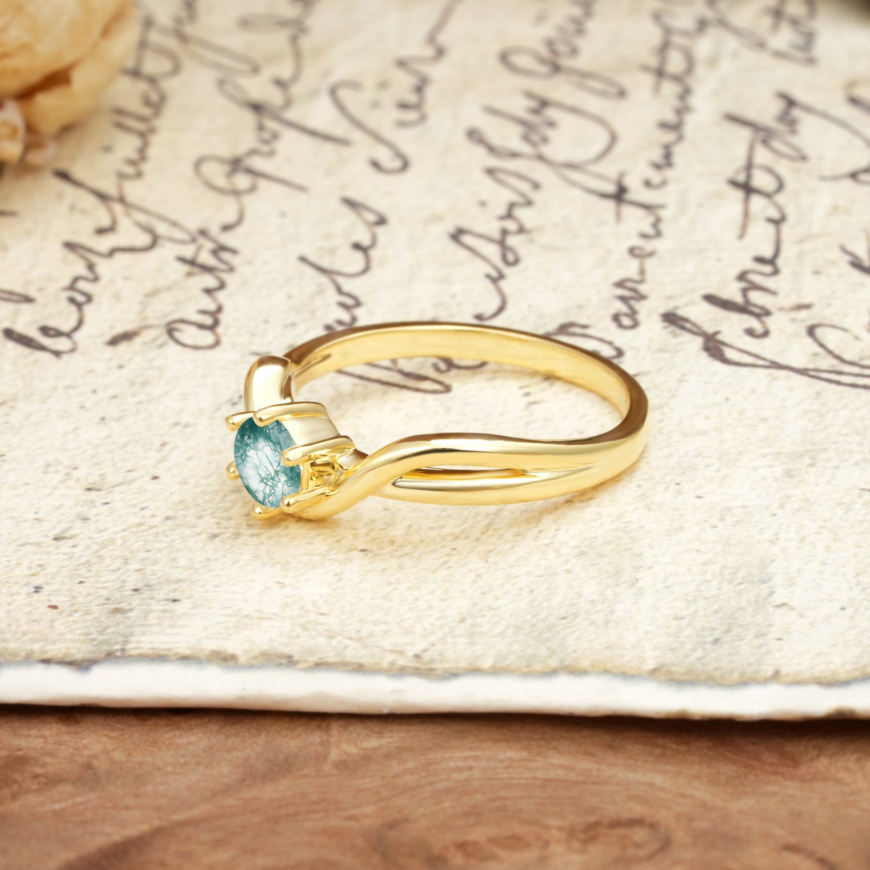 Minimalist Twisted Six-Prong Round-Cut Moss Agate Engagement Ring - Additional view