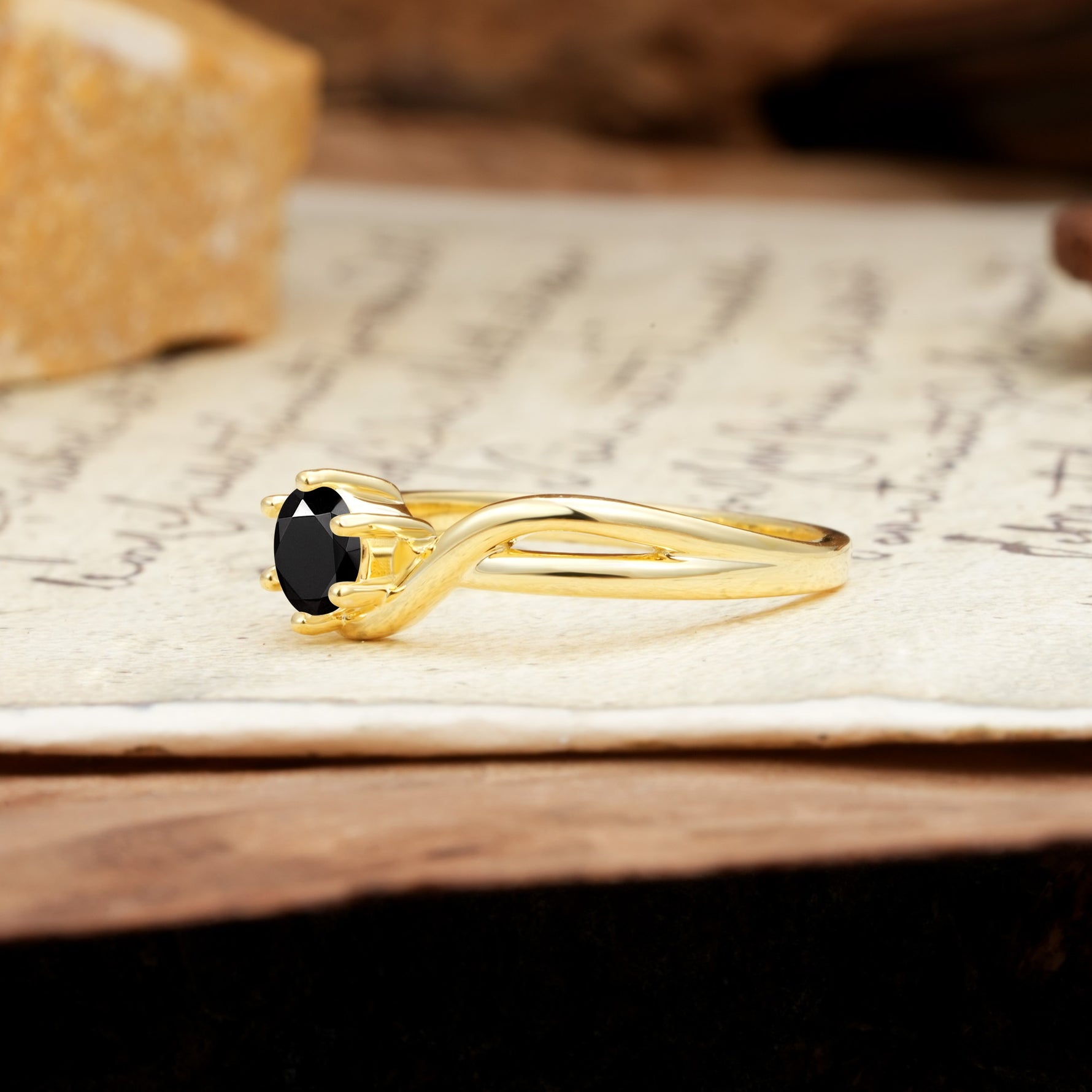 Minimalist Twisted Six-Prong Round-Cut Black Onyx Engagement Ring - Additional view
