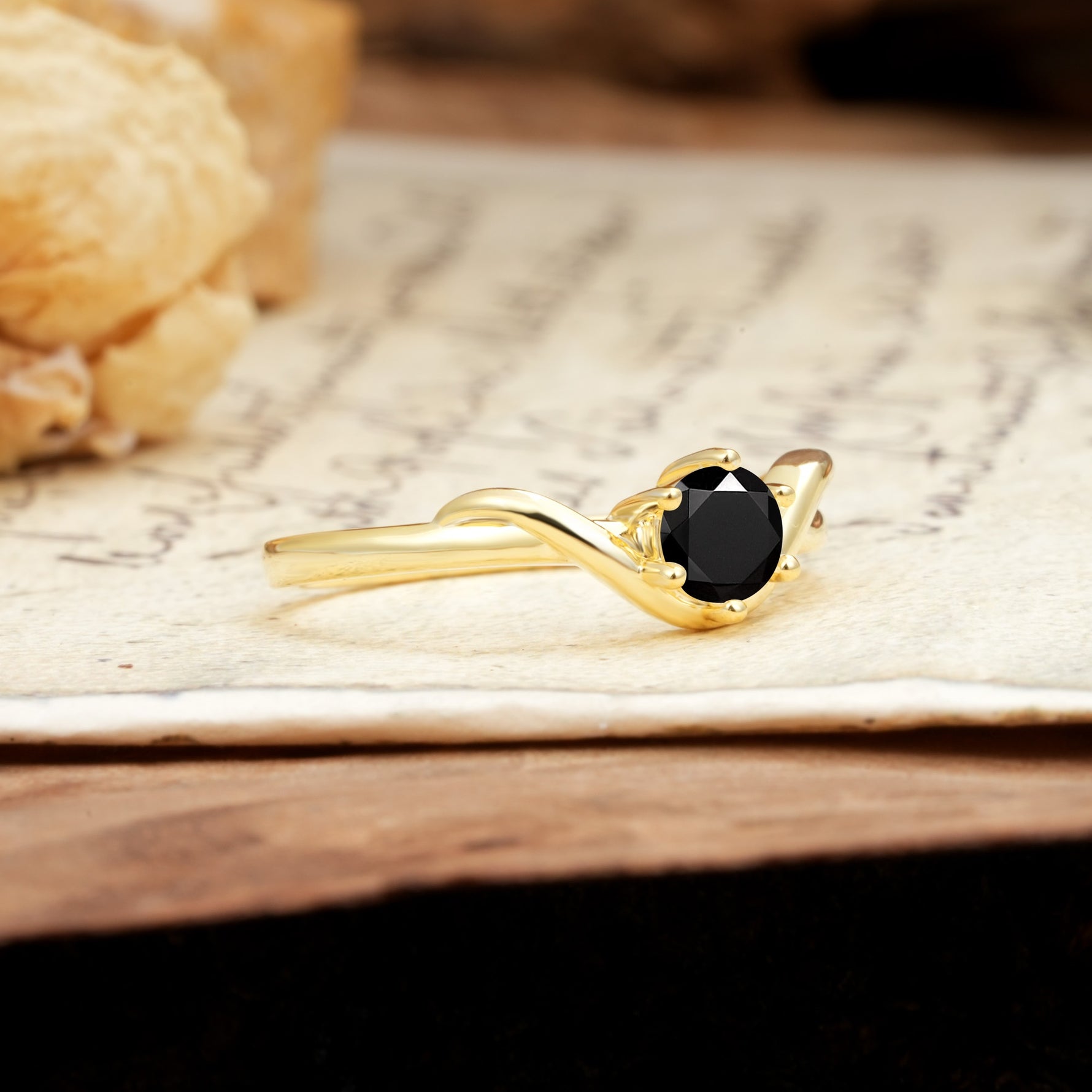 Minimalist Twisted Six-Prong Round-Cut Black Onyx Engagement Ring - Additional view