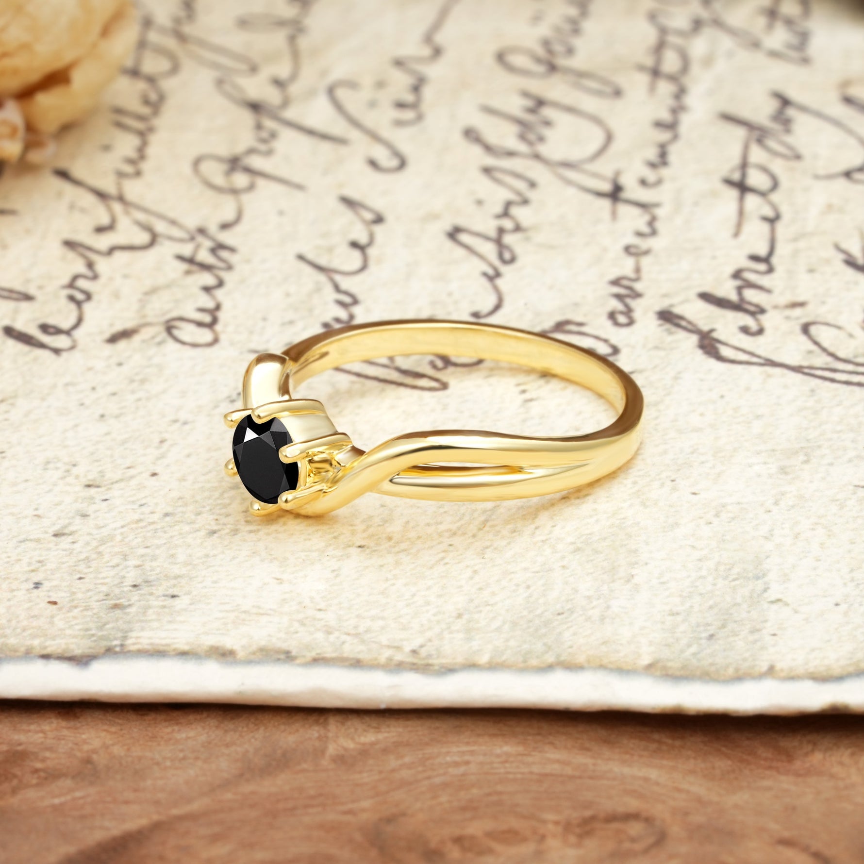 Minimalist Twisted Six-Prong Round-Cut Black Onyx Engagement Ring - Additional view