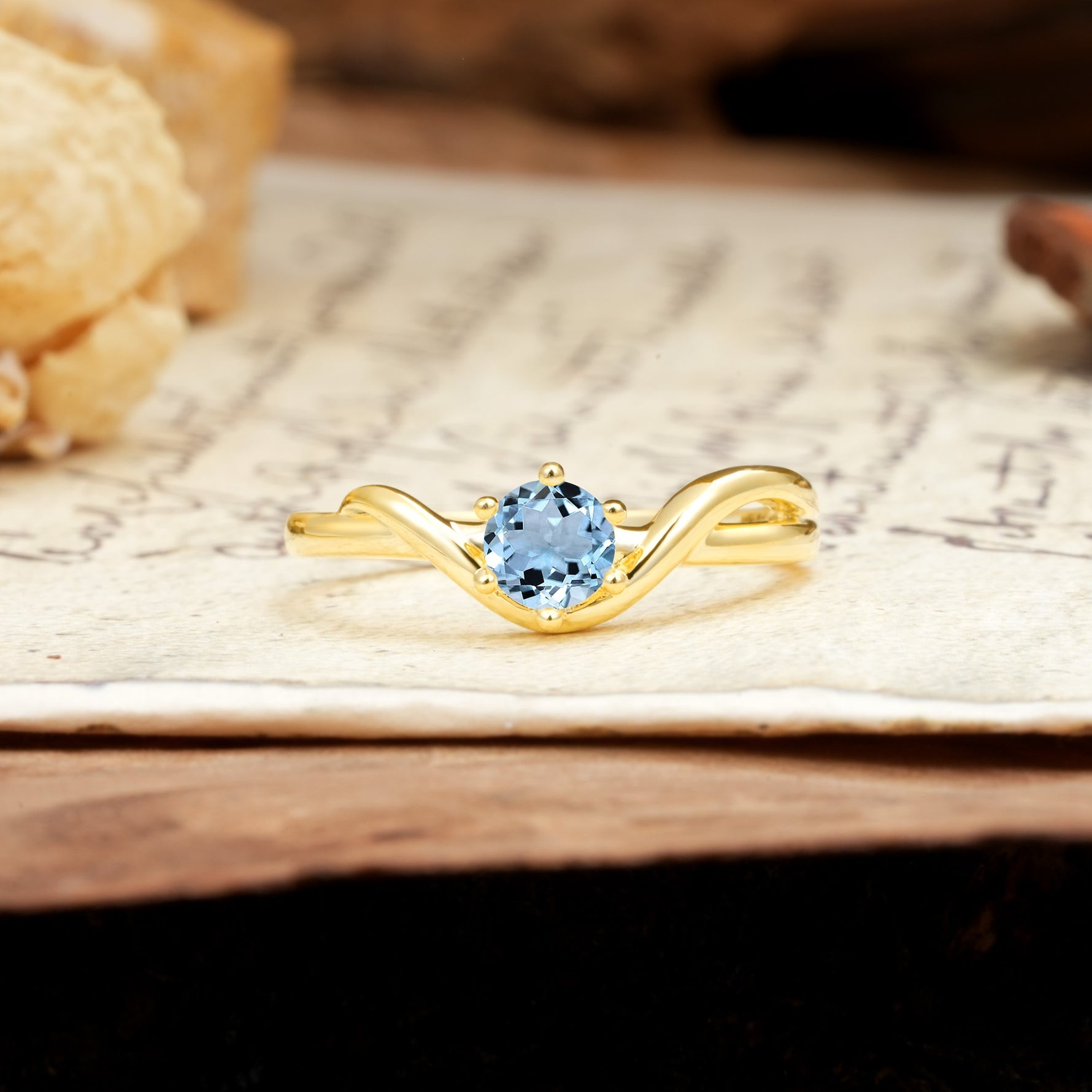 Minimalist Twisted Six-Prong Round-Cut Aquamarine Engagement Ring - Additional view