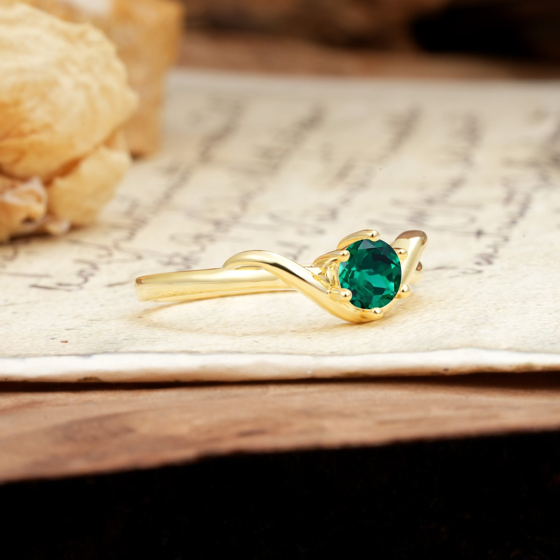 Minimalist Twisted Six-Prong Round-Cut Emerald Engagement Ring - Additional view