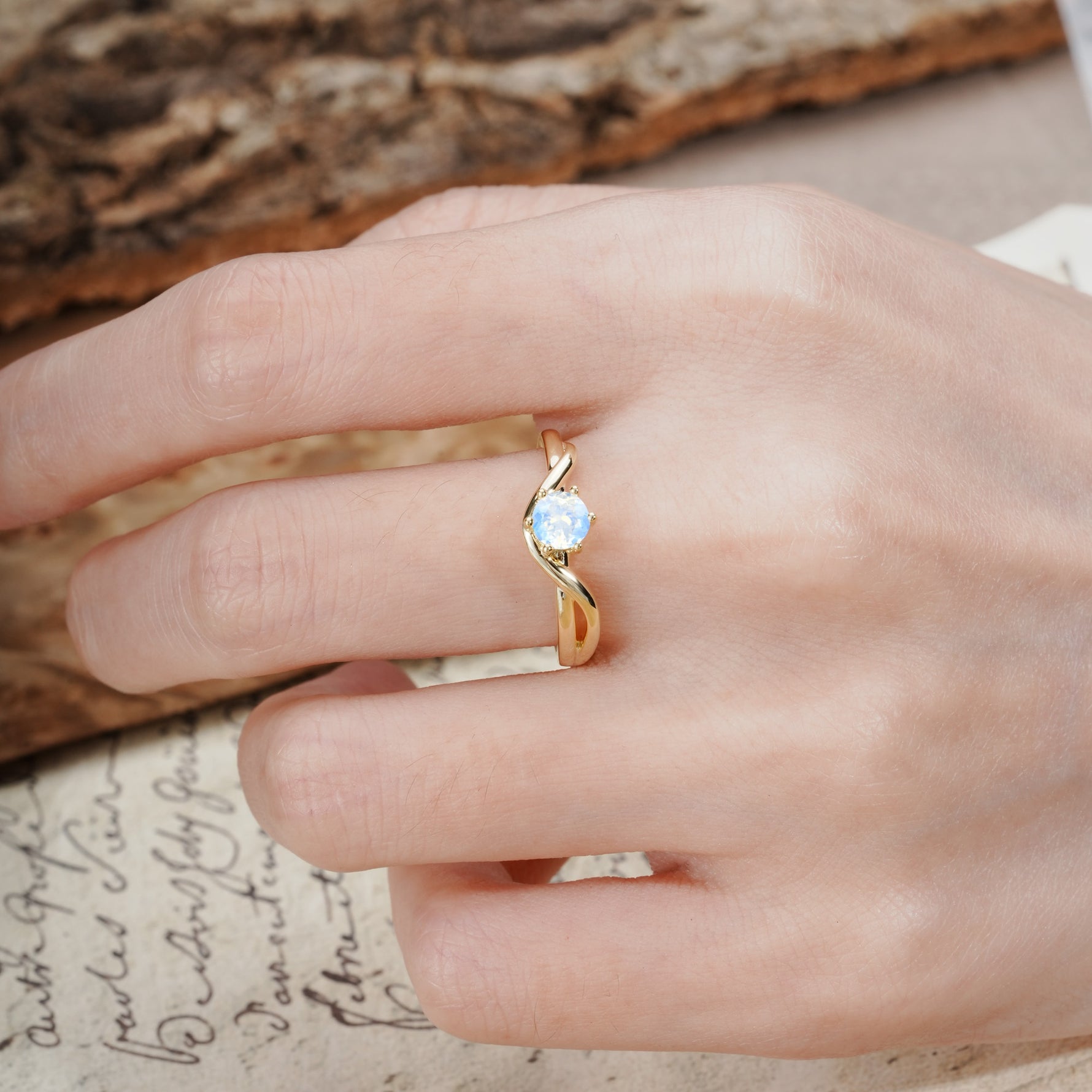 Minimalist Twisted Six-Prong Round-Cut Moonstone Engagement Ring - Additional view
