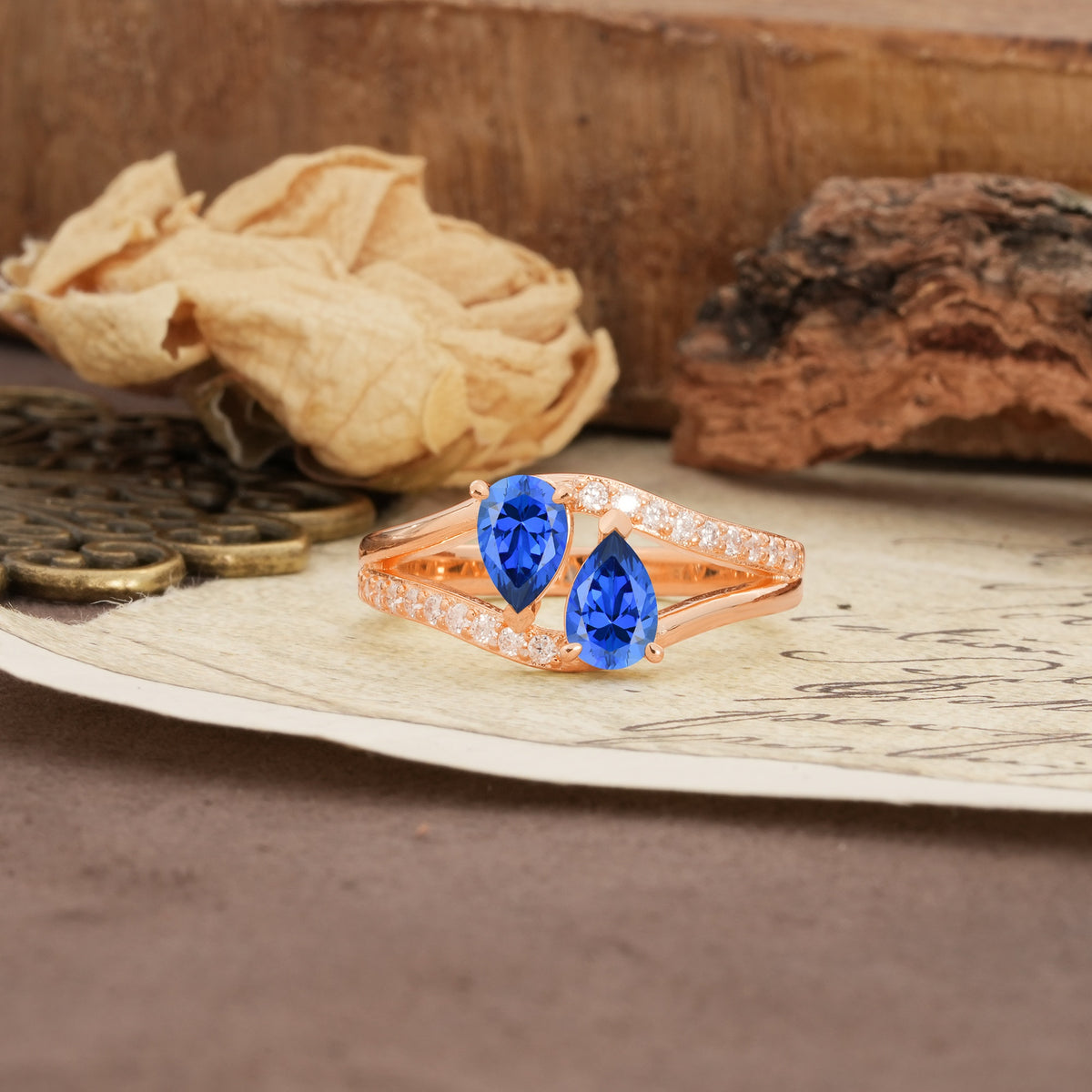 Luxurious 3-Prong Double Pear-Cut Sapphire Engagement Ring - Additional view