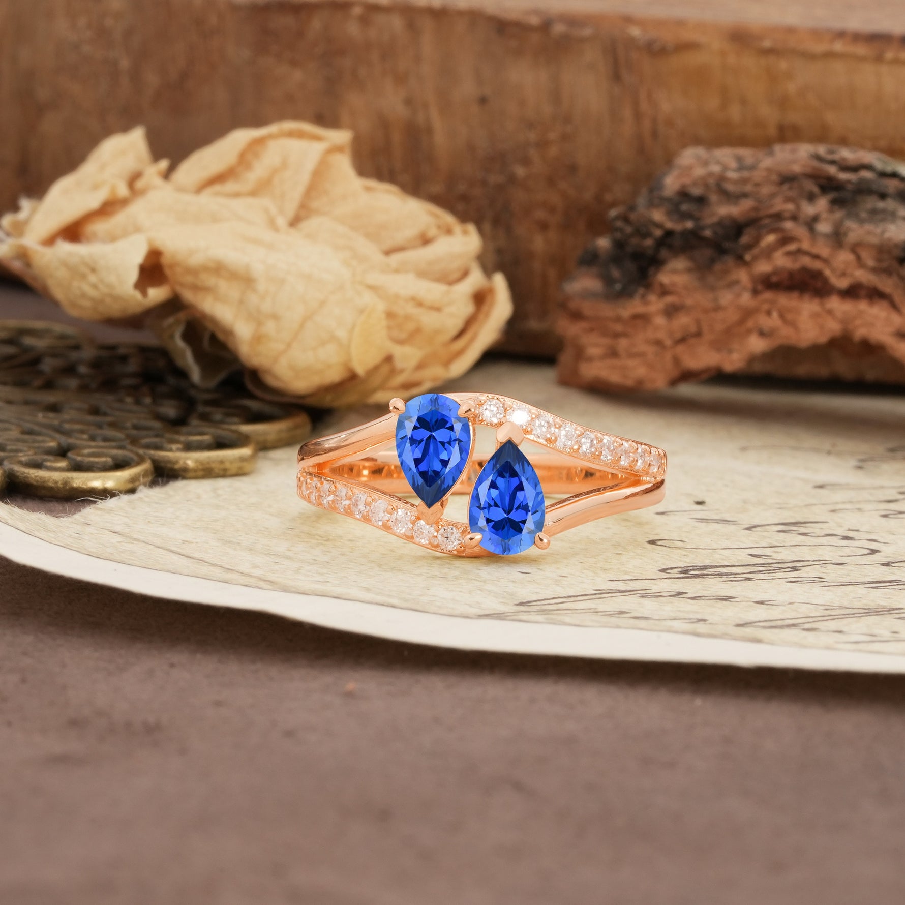 Luxurious 3-Prong Double Pear-Cut Sapphire Engagement Ring - Additional view