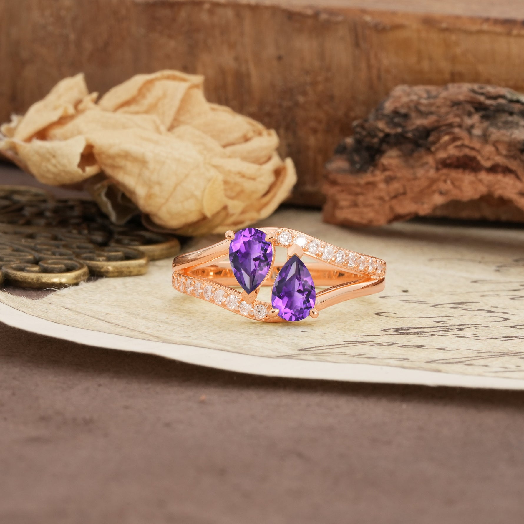 Luxurious 3-Prong Double Pear-Cut Amethyst Engagement Ring - Additional view