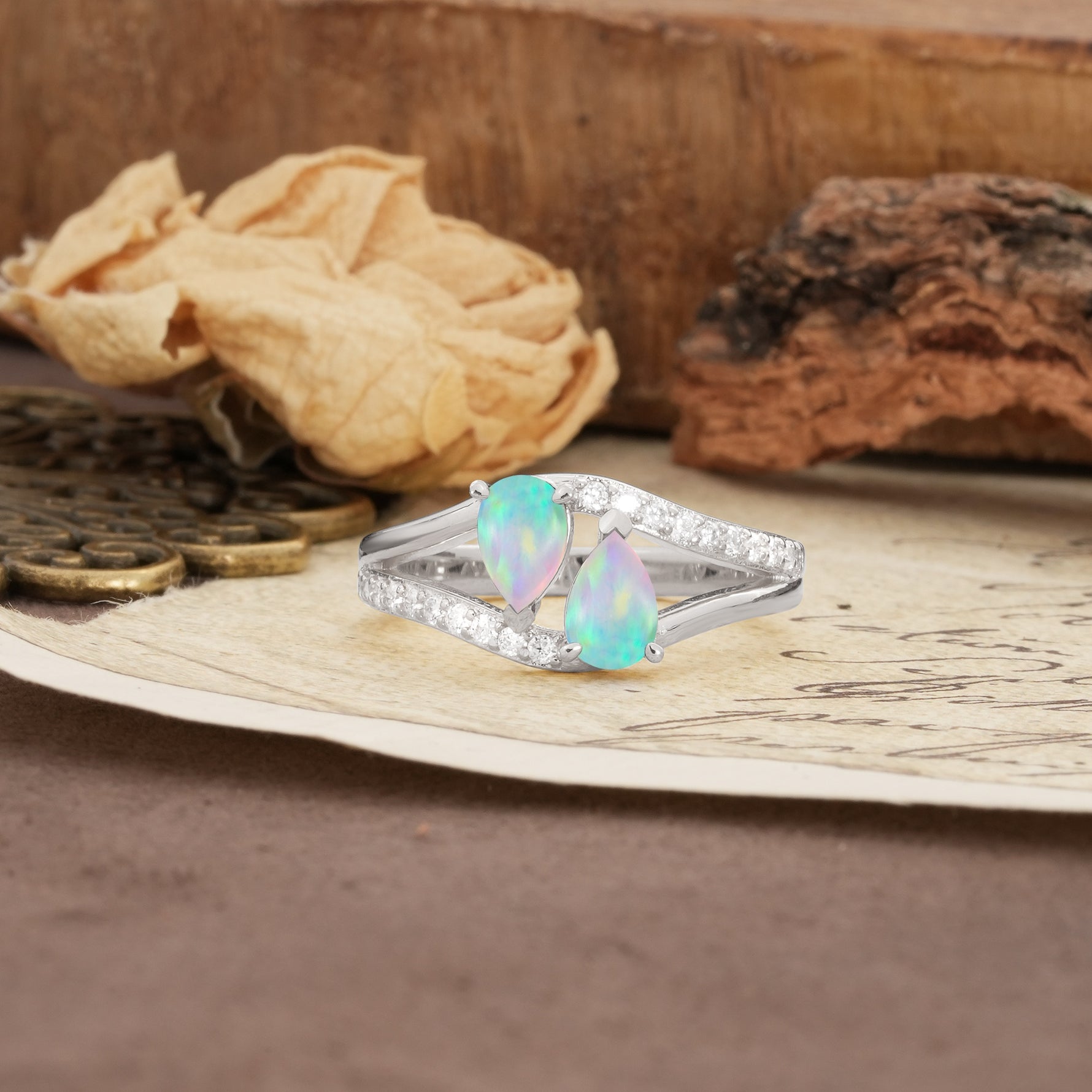 Luxurious 3-Prong Double Pear-Cut Fire Opal Engagement Ring - Additional view