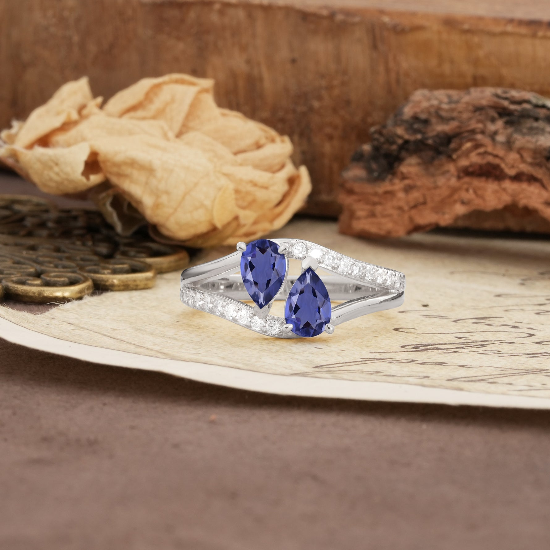 Luxurious 3-Prong Double Pear-Cut Tanzanite Engagement Ring - Additional view