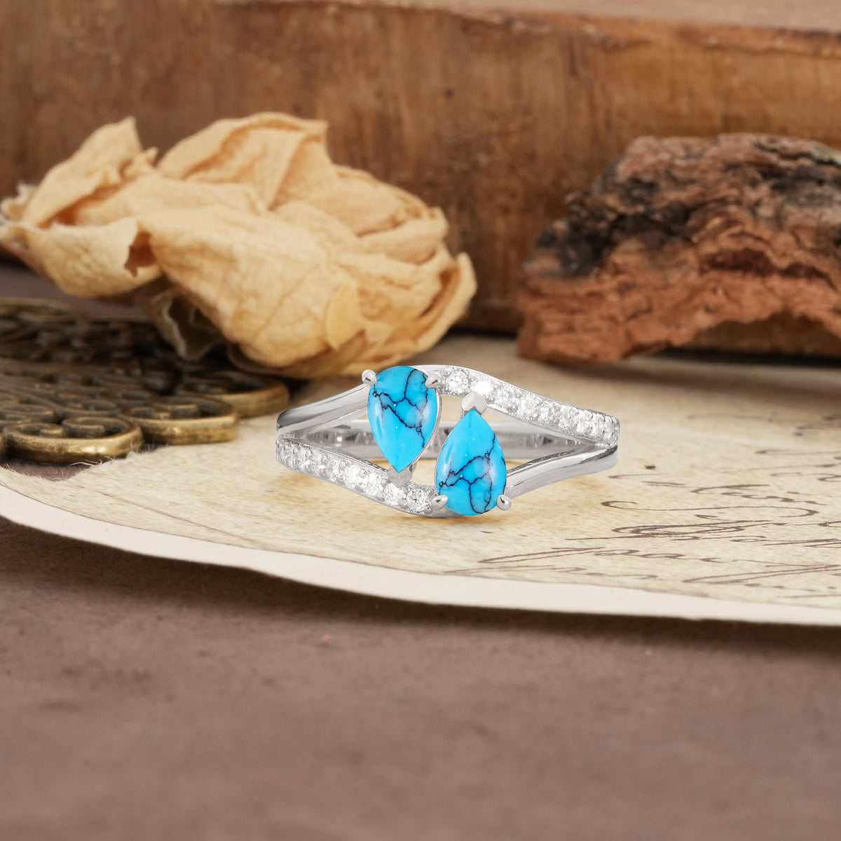 Luxurious 3-Prong Double Pear-Cut Turquoise Engagement Ring - Additional view
