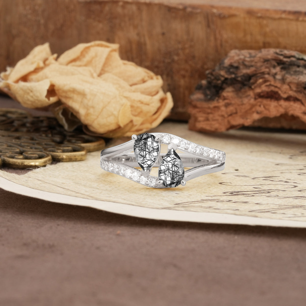 Luxurious 3-Prong Double Pear-Cut Black Rutilated Quartz Engagement Ring - Additional view