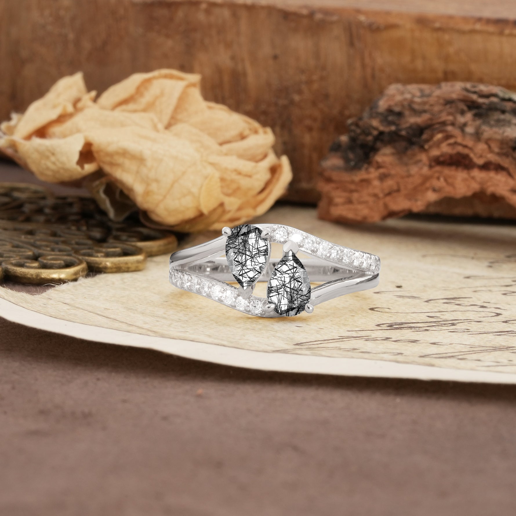Luxurious 3-Prong Double Pear-Cut Black Rutilated Quartz Engagement Ring - Additional view