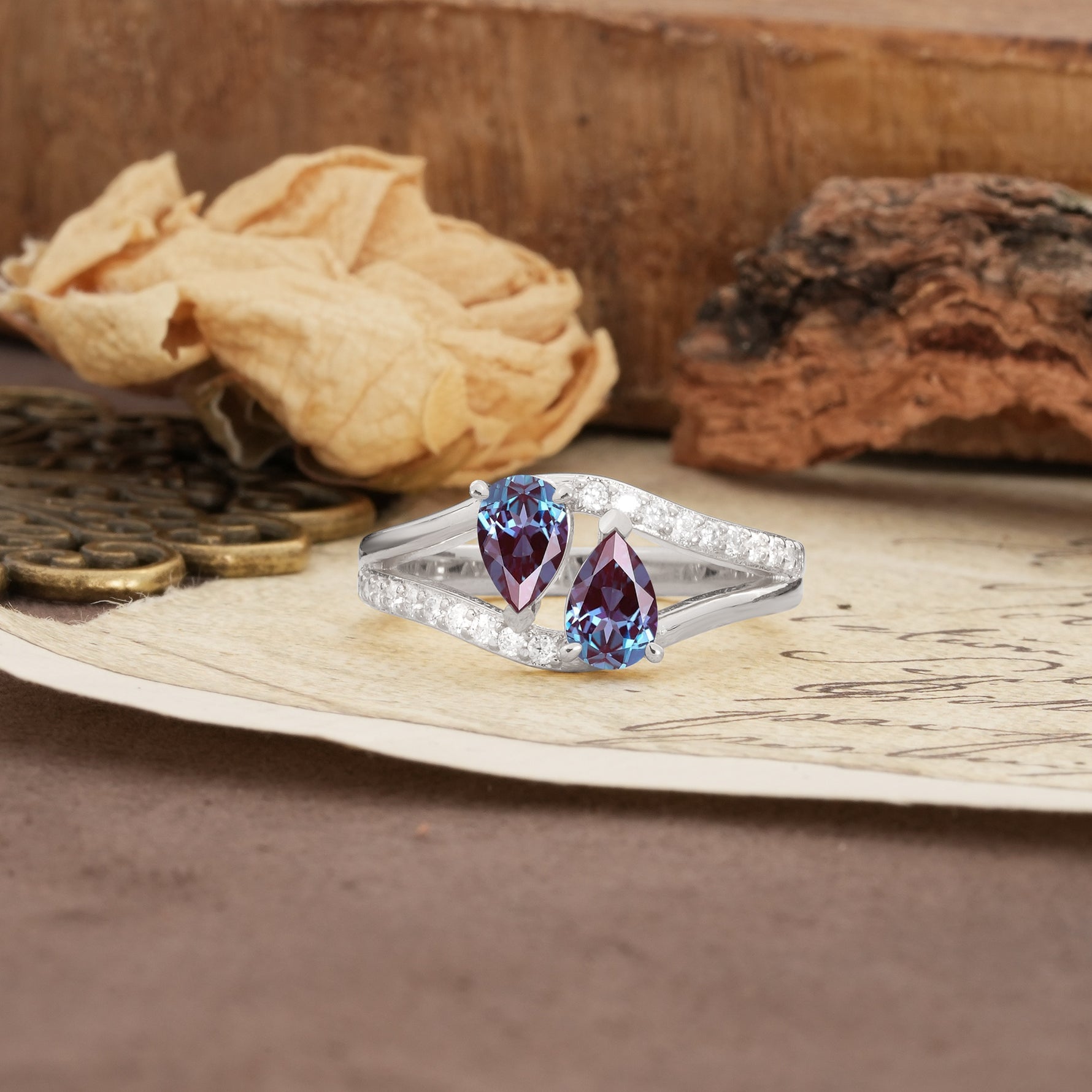 Luxurious 3-Prong Double Pear-Cut Alexandrite Engagement Ring - Additional view