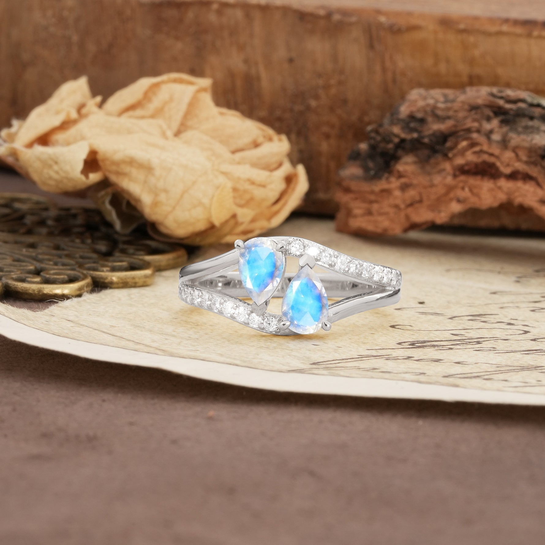 Luxurious 3-Prong Double Pear-Cut Moonstone Engagement Ring - Additional view